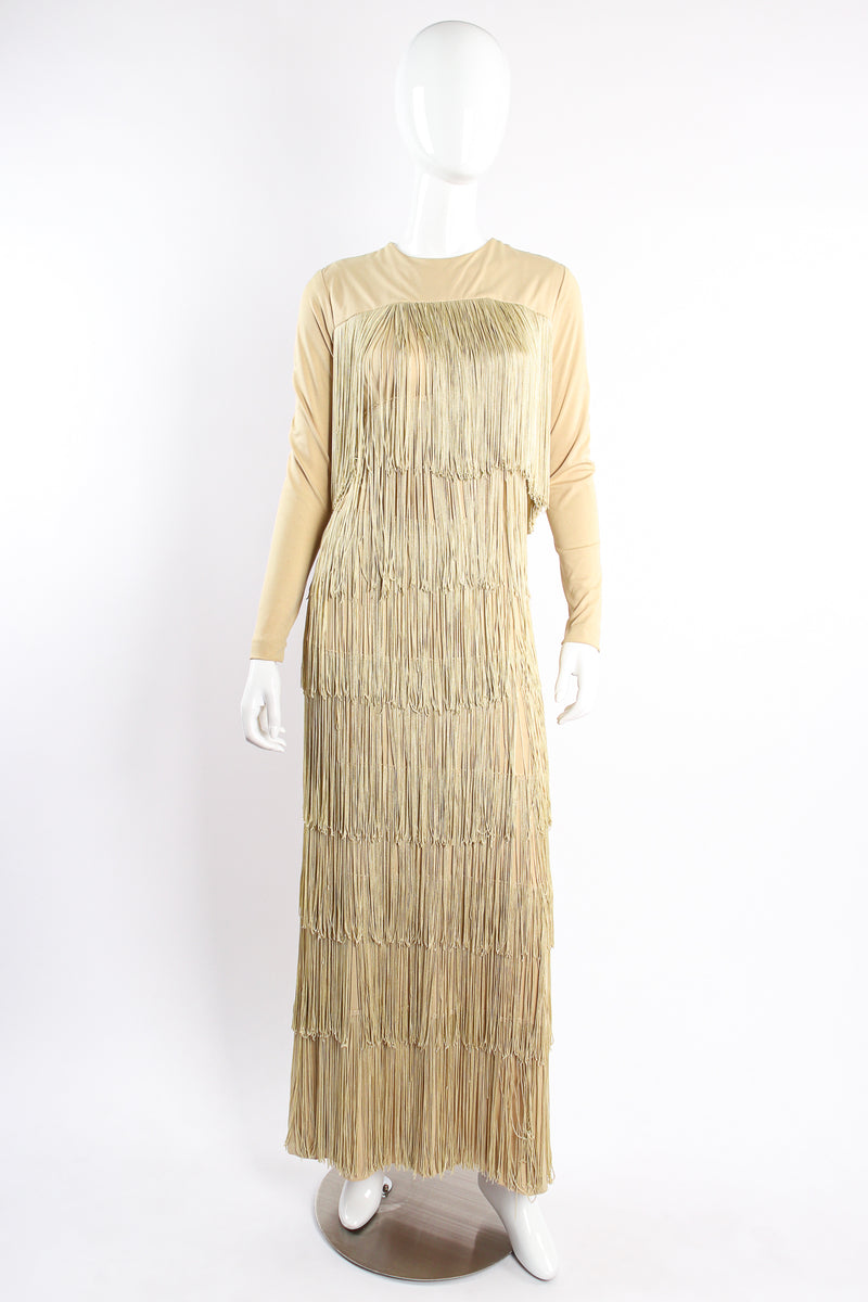 Vintage Fred Perlberg Long Tiered Fringe Dress on Mannequin front at Recess Los Angeles