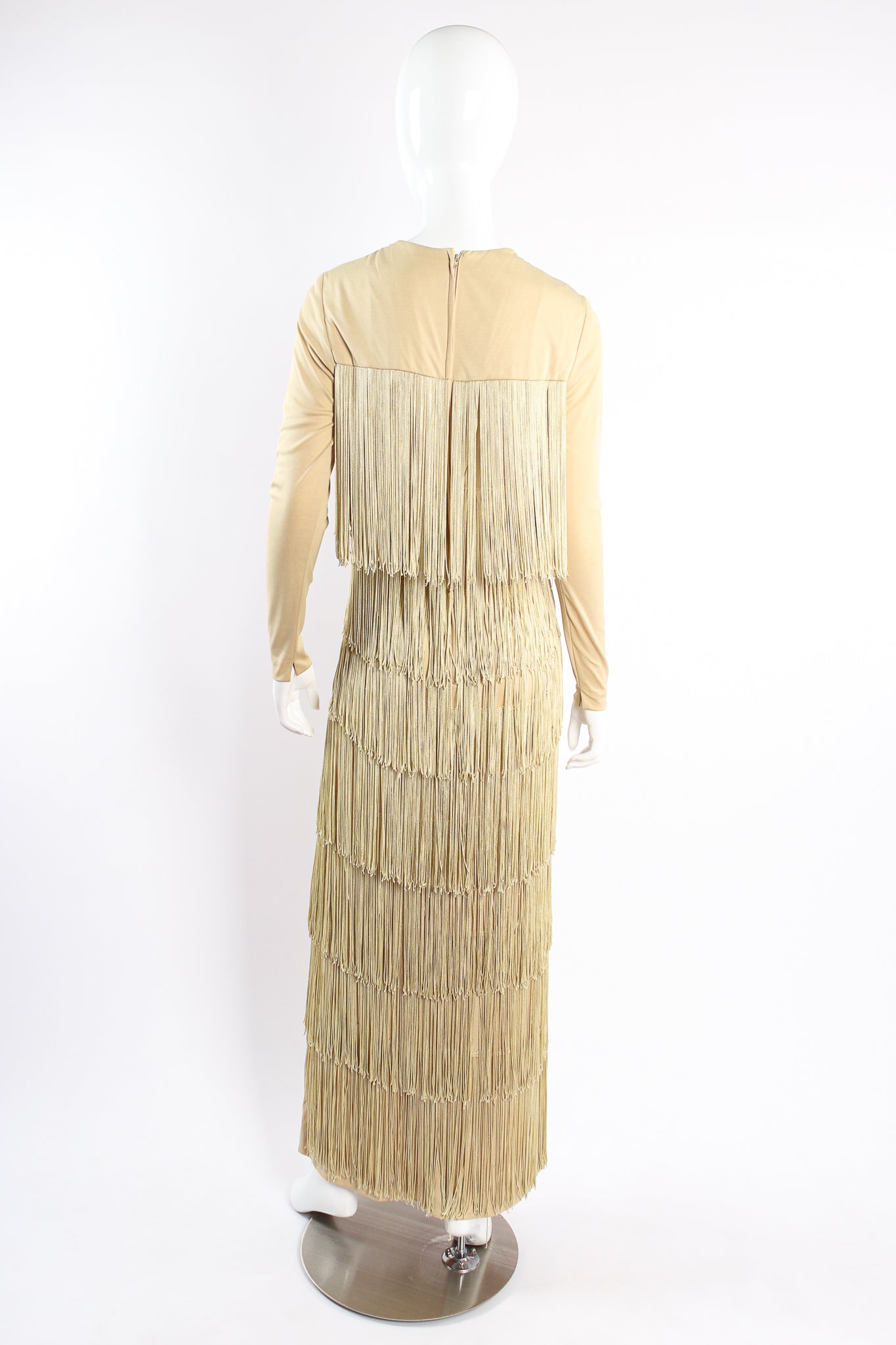 Vintage Fred Perlberg Long Tiered Fringe Dress on Mannequin back at Recess Los Angeles