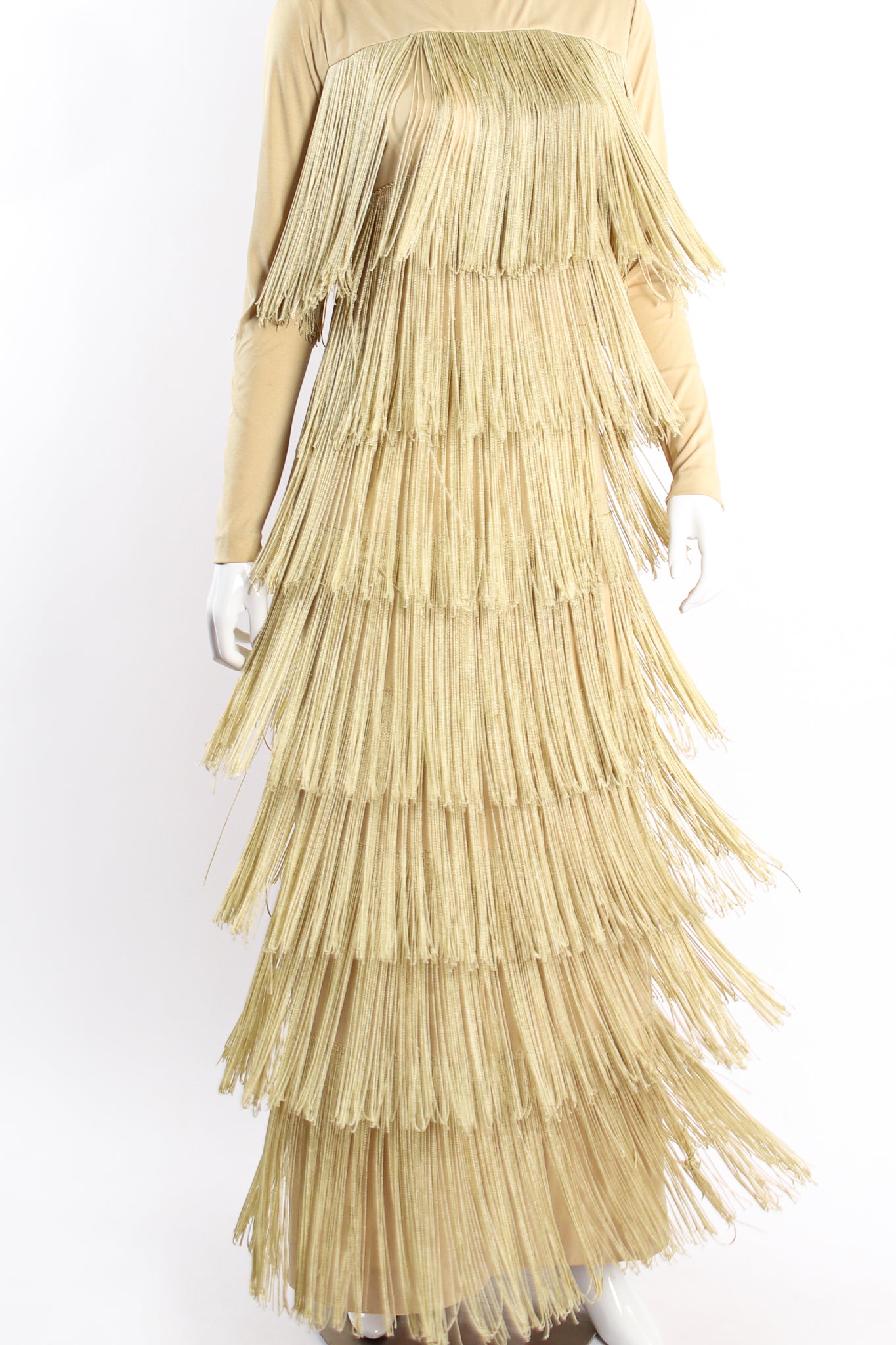 Vintage Fred Perlberg Long Tiered Fringe Dress on Mannequin crop at Recess Los Angeles