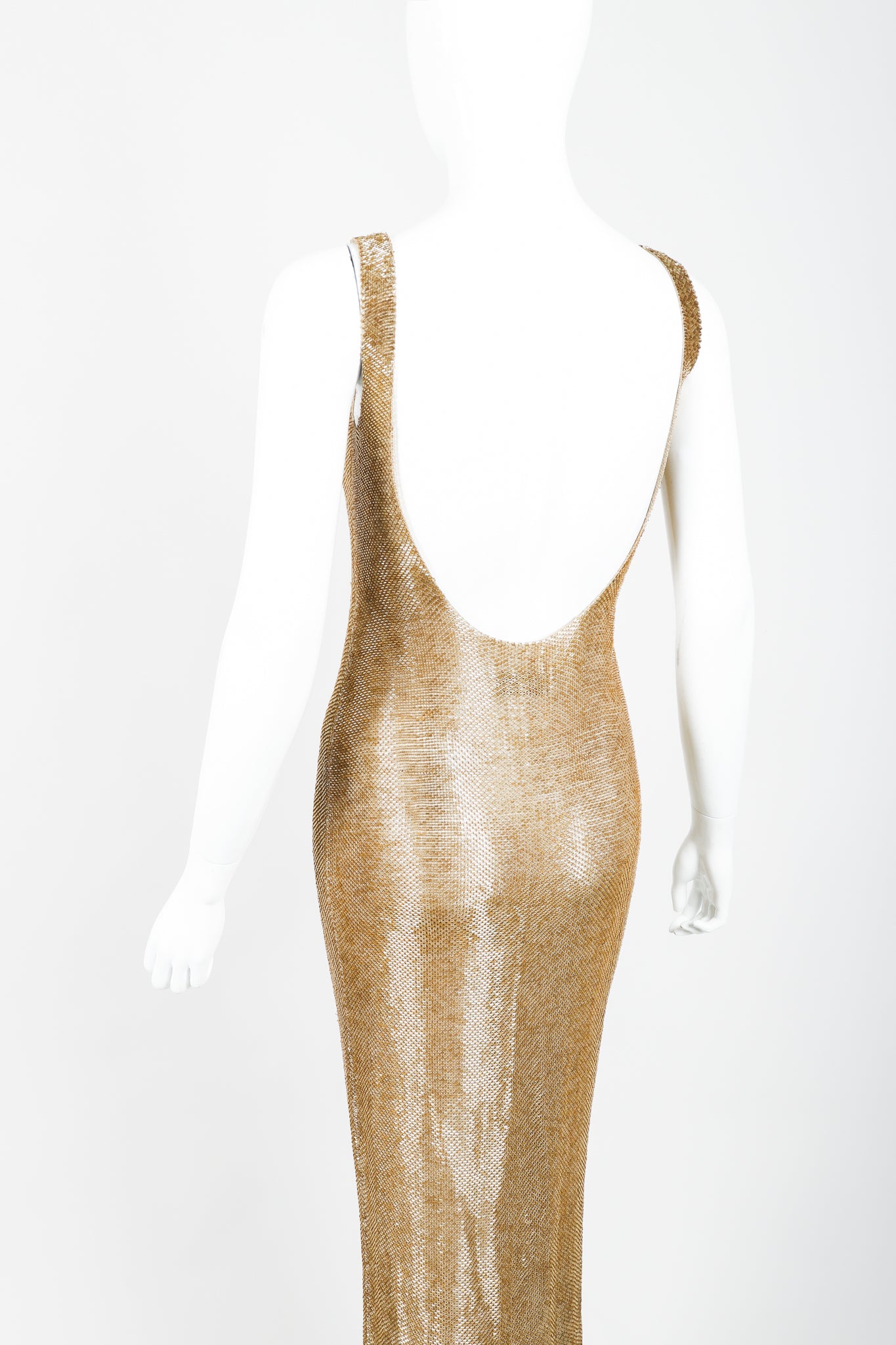 Vintage Fred Hayman Liquid Gold Beaded Gown on Mannequin Back View at Recess