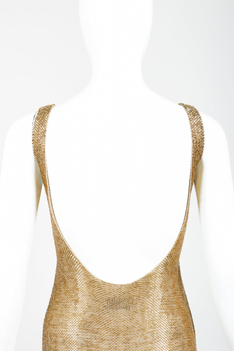 Vintage Fred Hayman Liquid Gold Beaded Gown on Mannequin Back View at Recess