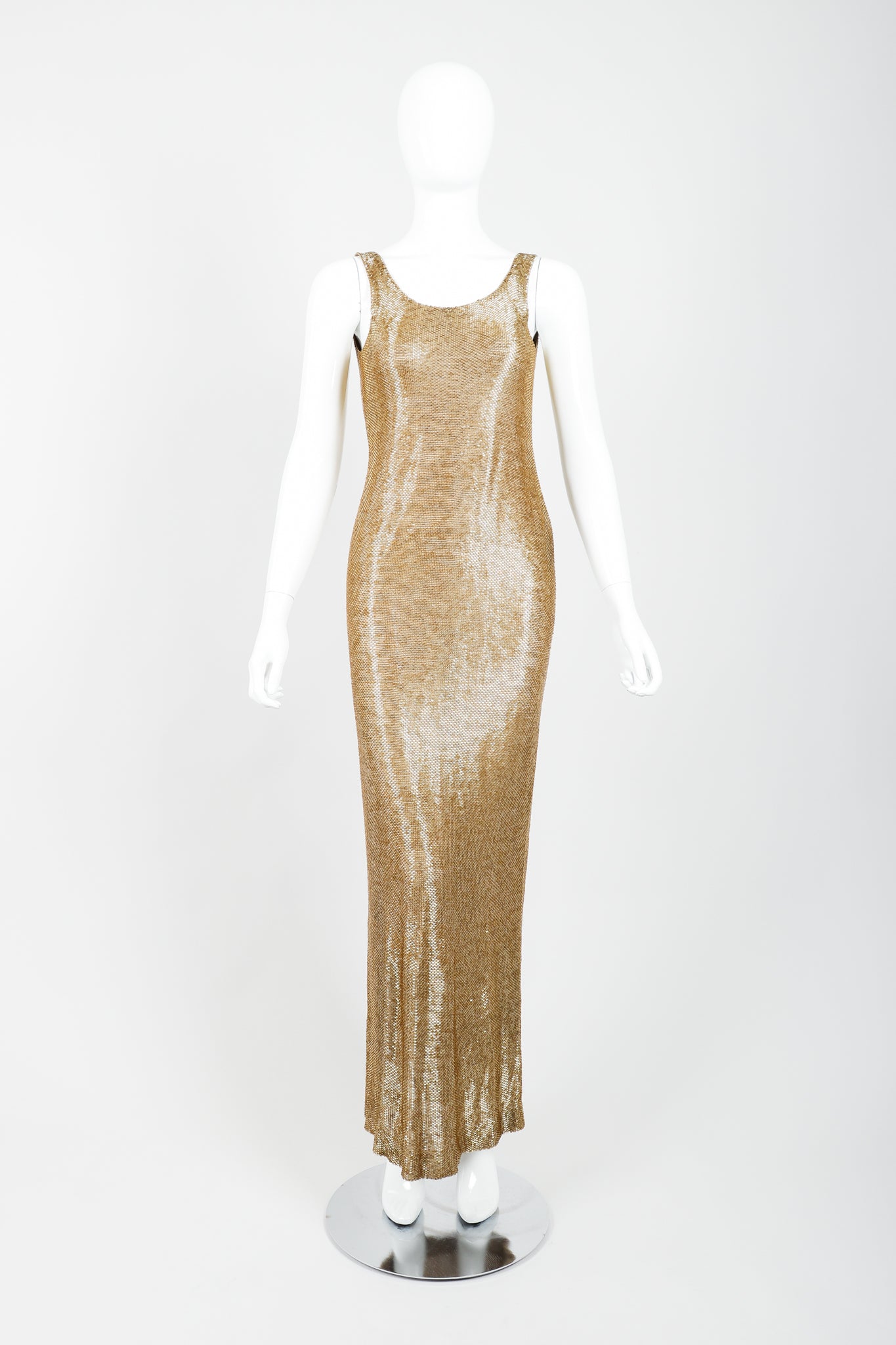 Vintage Fred Hayman Liquid Gold Beaded Gown on Mannequin Front at Recess