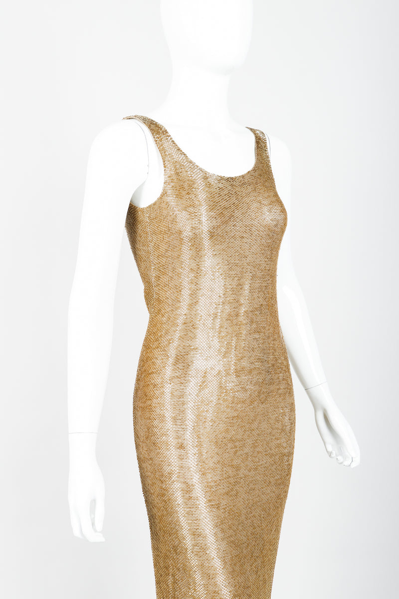 Vintage Fred Hayman Liquid Gold Beaded Gown on Mannequin Cropped at Recess