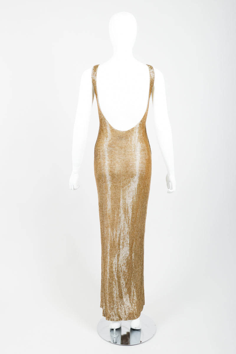 Vintage Fred Hayman Liquid Gold Beaded Gown on Mannequin Back at Recess