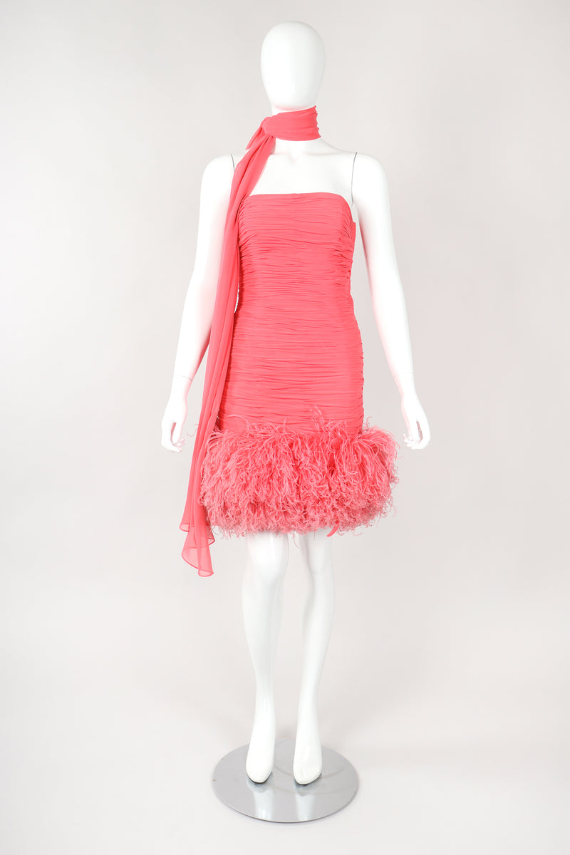 Recess Designer Consignment Vintage Fred Hayman Hollywood Ruched Feather Cocktail Dress & Shawl Los Angeles Resale