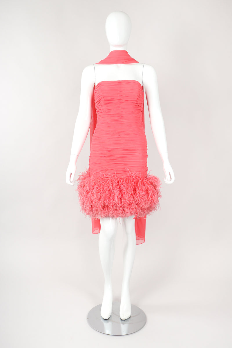 Recess Designer Consignment Vintage Fred Hayman Hollywood Ruched Feather Cocktail Dress & Shawl Los Angeles Resale