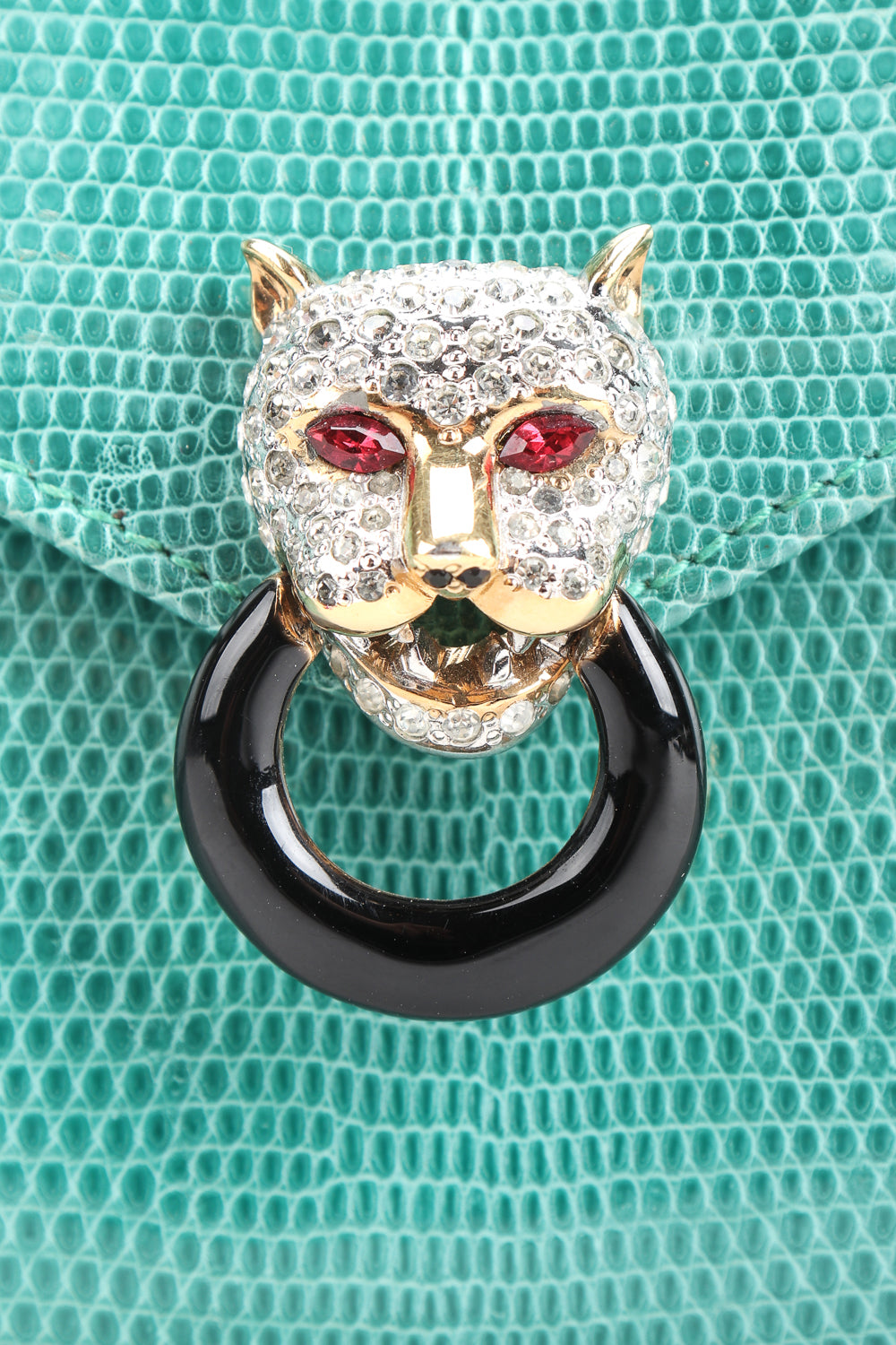 Recess Designer Consignment Vintage Fred Hayman Jeweled Jaguar Turquoise Lizard Clutch Bag Los Angeles Resale