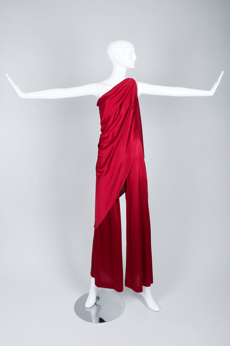 Vintage Frederick's of Hollywood Cranberry Draped Jersey Jumpsuit on Mannequin Front wide at Recess