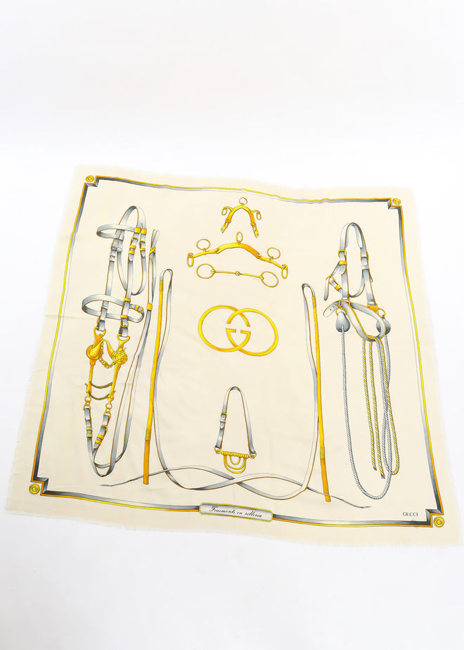 Large horsebit graphic scarf by Gucci photo of flat lay. @recessla