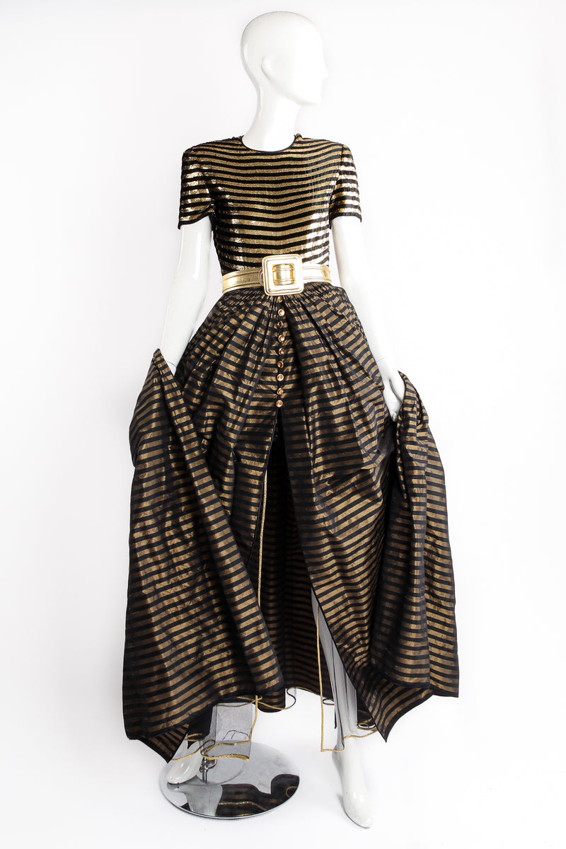 Vintage Galanos Gold Striped Panel Gown With Shorts on Mannequin front slit at Recess Los Angeles