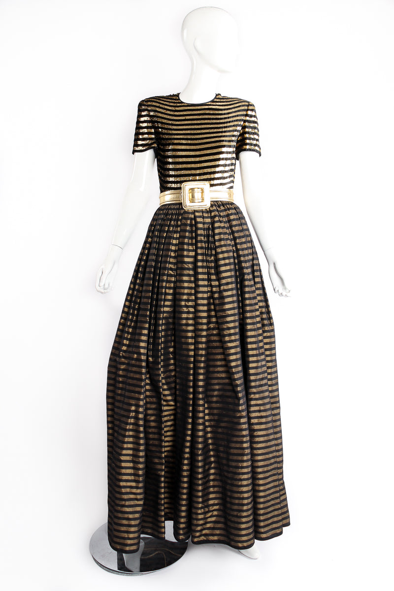 Vintage Galanos Gold Striped Panel Gown With Shorts on Mannequin front at Recess Los Angeles
