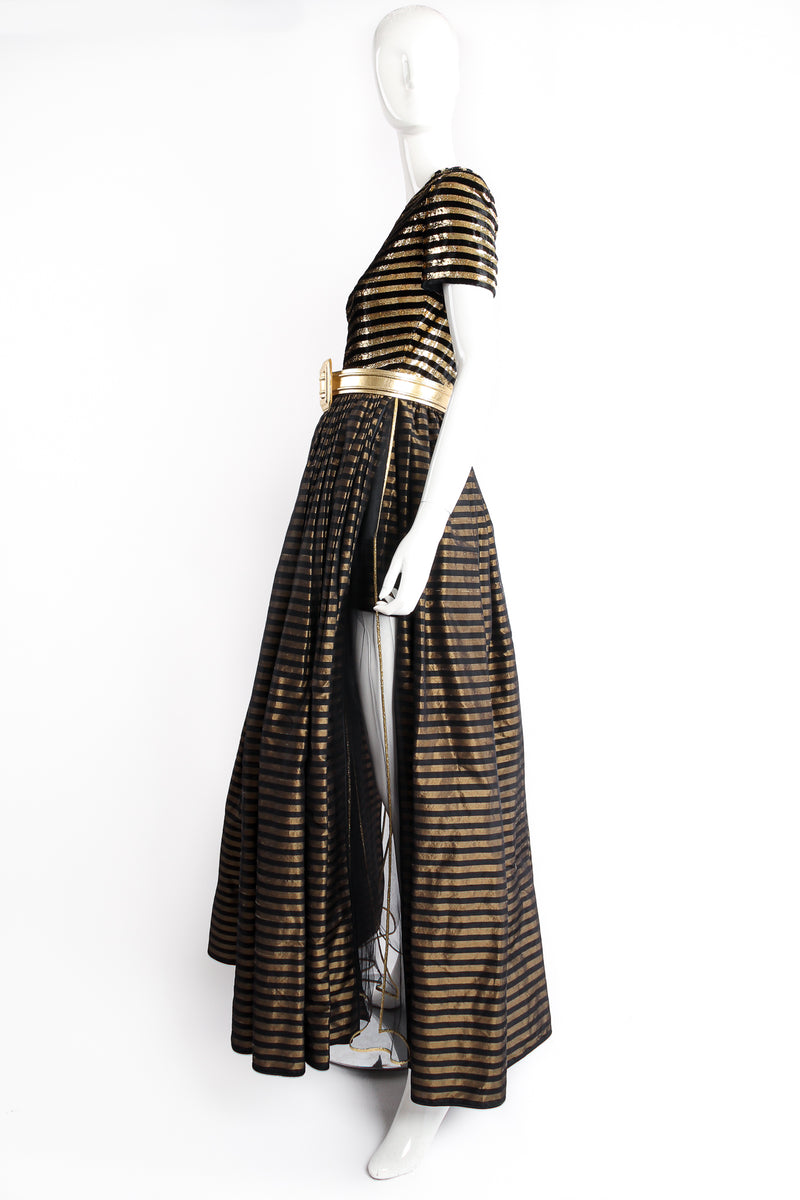 Vintage Galanos Gold Striped Panel Gown With Shorts on Mannequin side at Recess Los Angeles