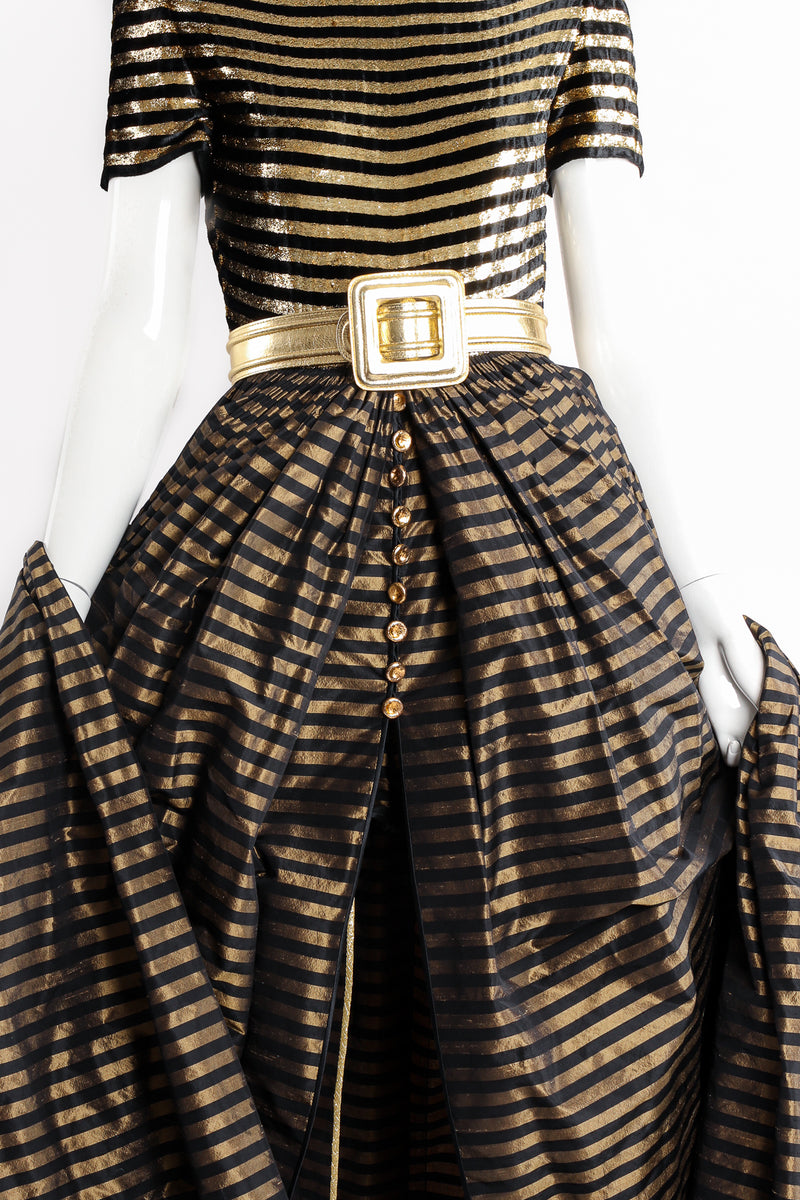 Vintage Galanos Gold Striped Panel Gown With Shorts on Mannequin belt at Recess Los Angeles