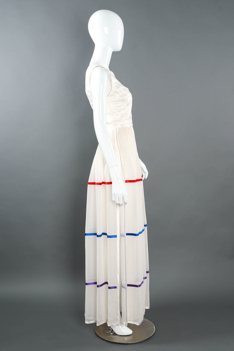 Vintage Galanos Satin Ribbon Stripe Panel Dress mannequin side  @ Recess LA