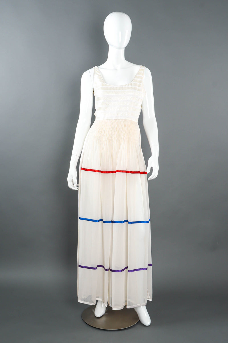 Vintage Galanos Satin Ribbon Stripe Panel Dress mannequin front  @ Recess LA