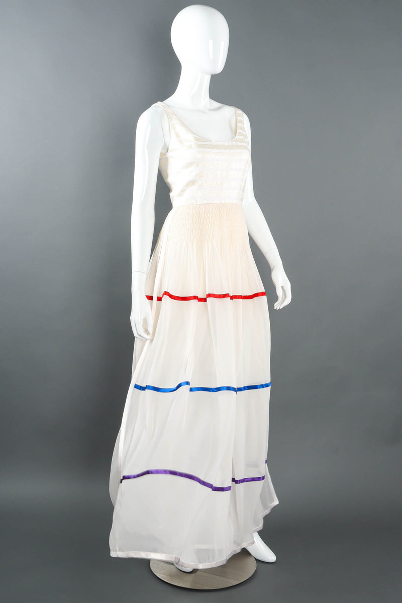 Vintage Galanos Satin Ribbon Stripe Panel Dress mannequin angle @ Recess LA