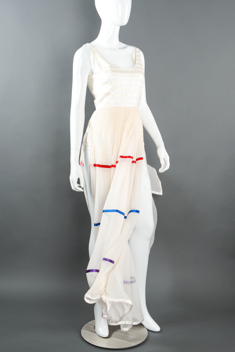 Vintage Galanos Satin Ribbon Stripe Panel Dress flowy/high slit detail  @ Recess LA