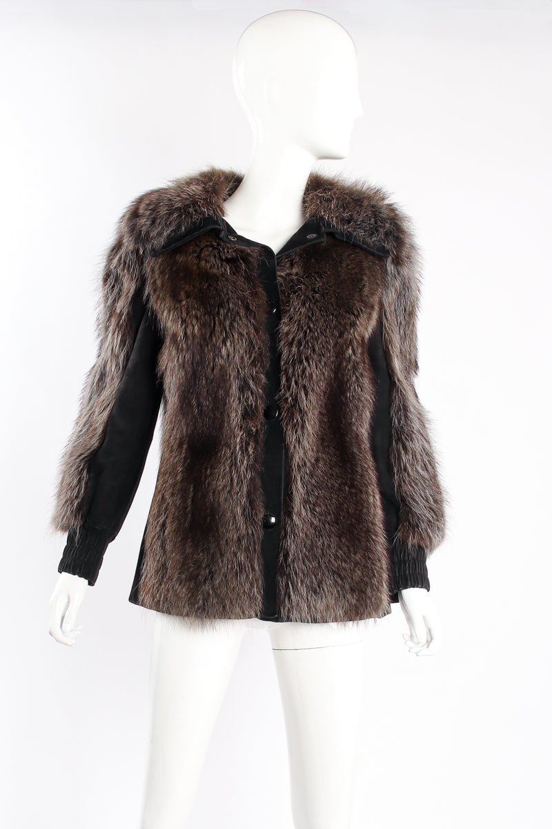 Vintage Galanos Suede Coyote Fur Jacket on Mannequin front at Recess Los Angeles