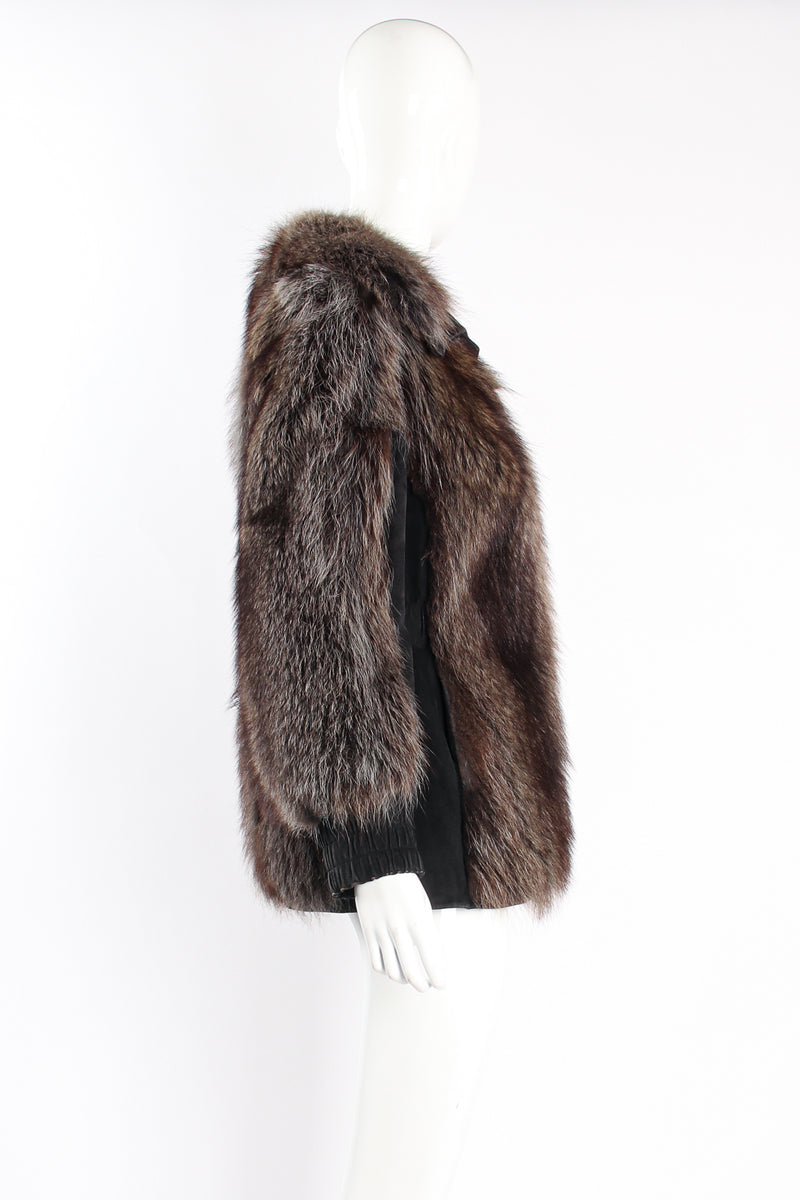 Vintage Galanos Suede Coyote Fur Jacket on Mannequin side at Recess Los Angeles