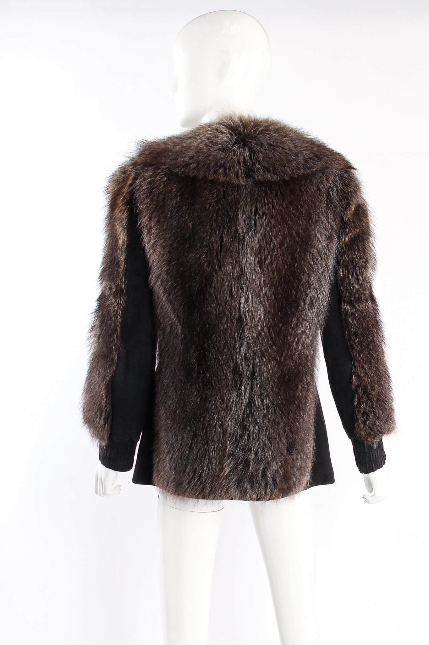 Vintage Galanos Suede Coyote Fur Jacket on Mannequin back at Recess Los Angeles
