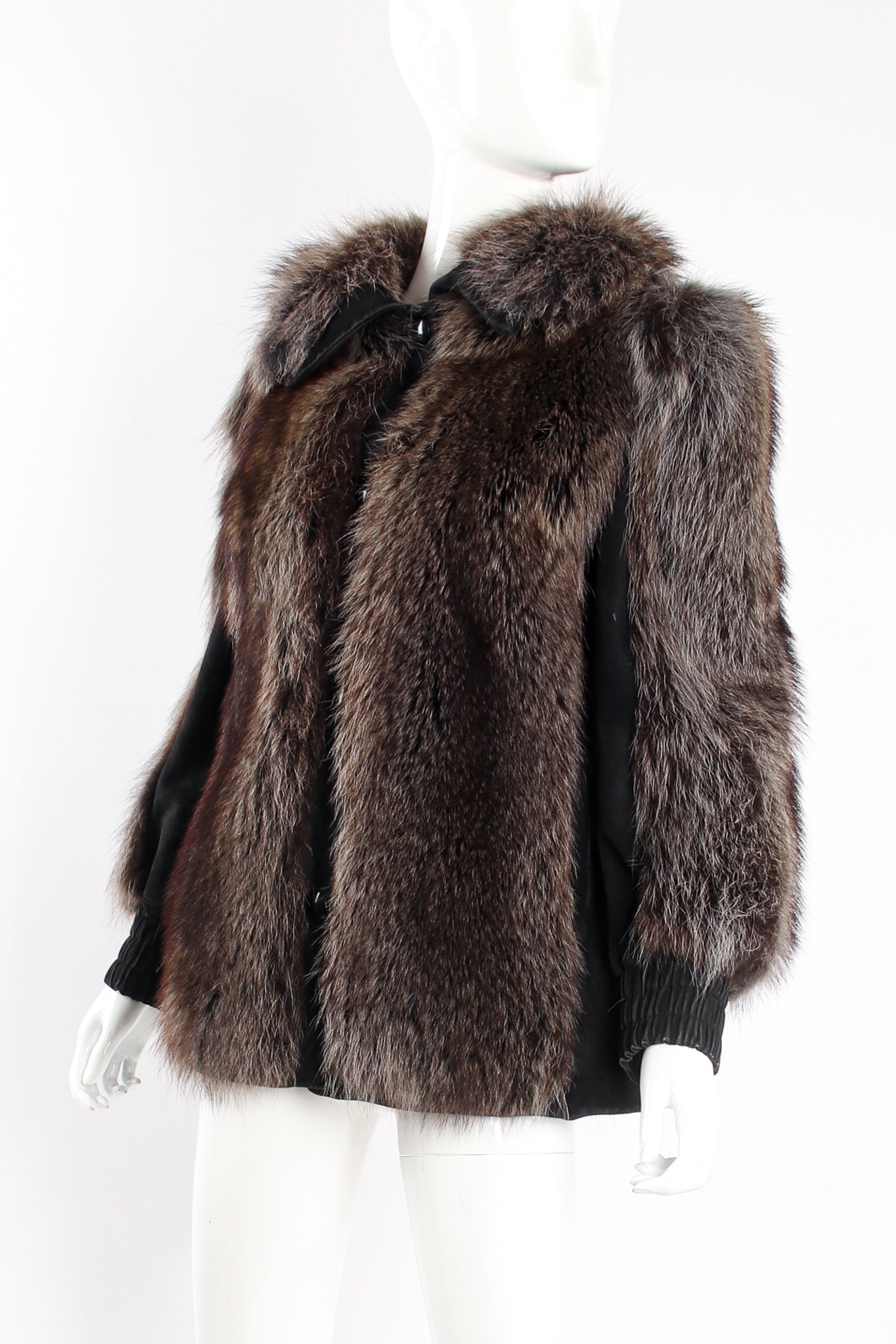 Vintage Galanos Suede Coyote Fur Jacket on Mannequin crop at Recess Los Angeles