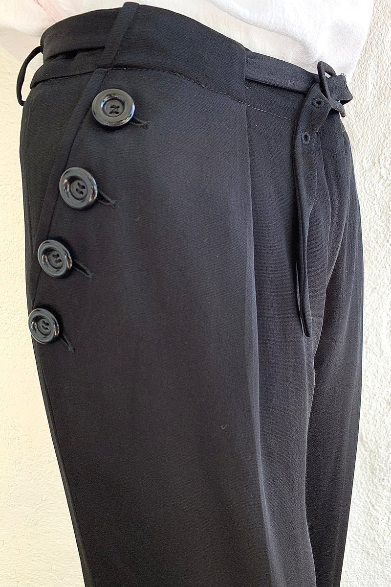 Vintage John Galliano Belted Silk Sailor Pant on Mannequin button detail at Recess Los Angeles