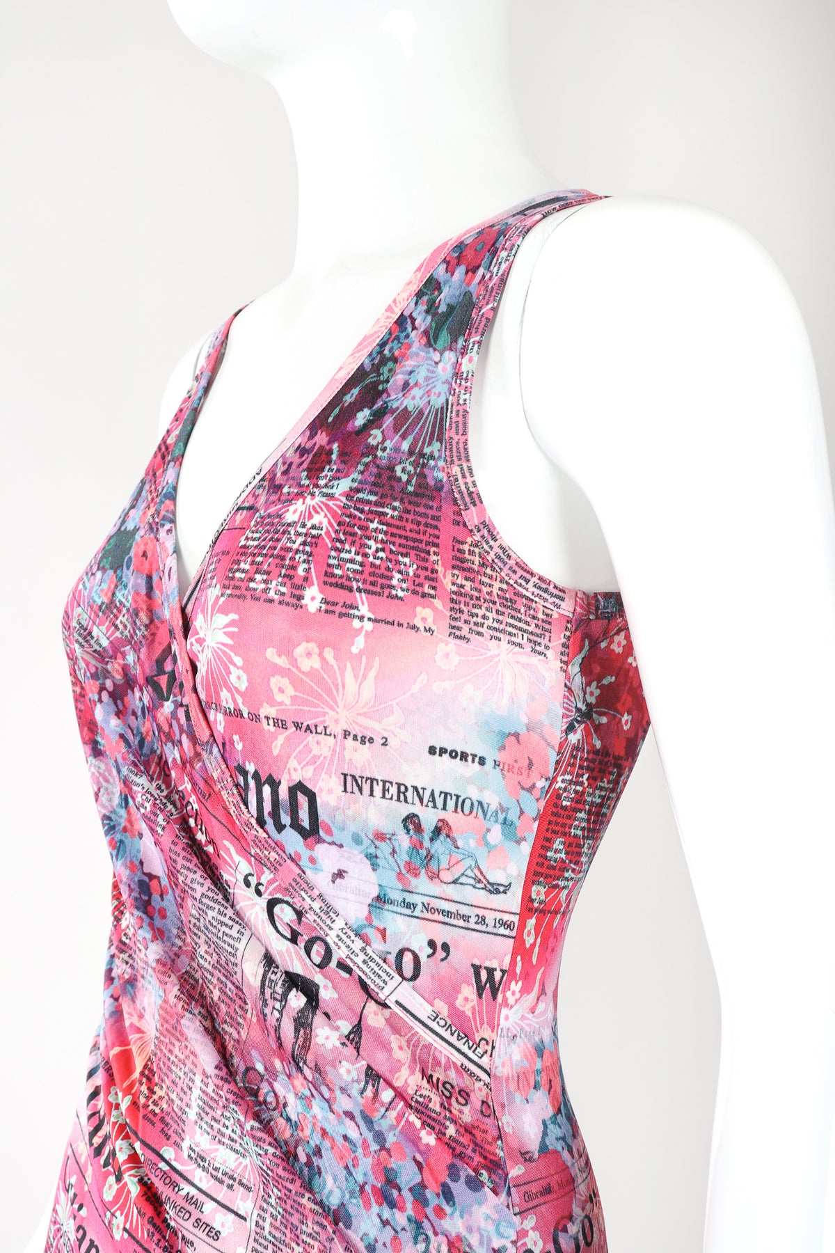 newspaper print dress pink Vintage John Galliano Floral Newspaper Print Stretch Surplice Dress Recess