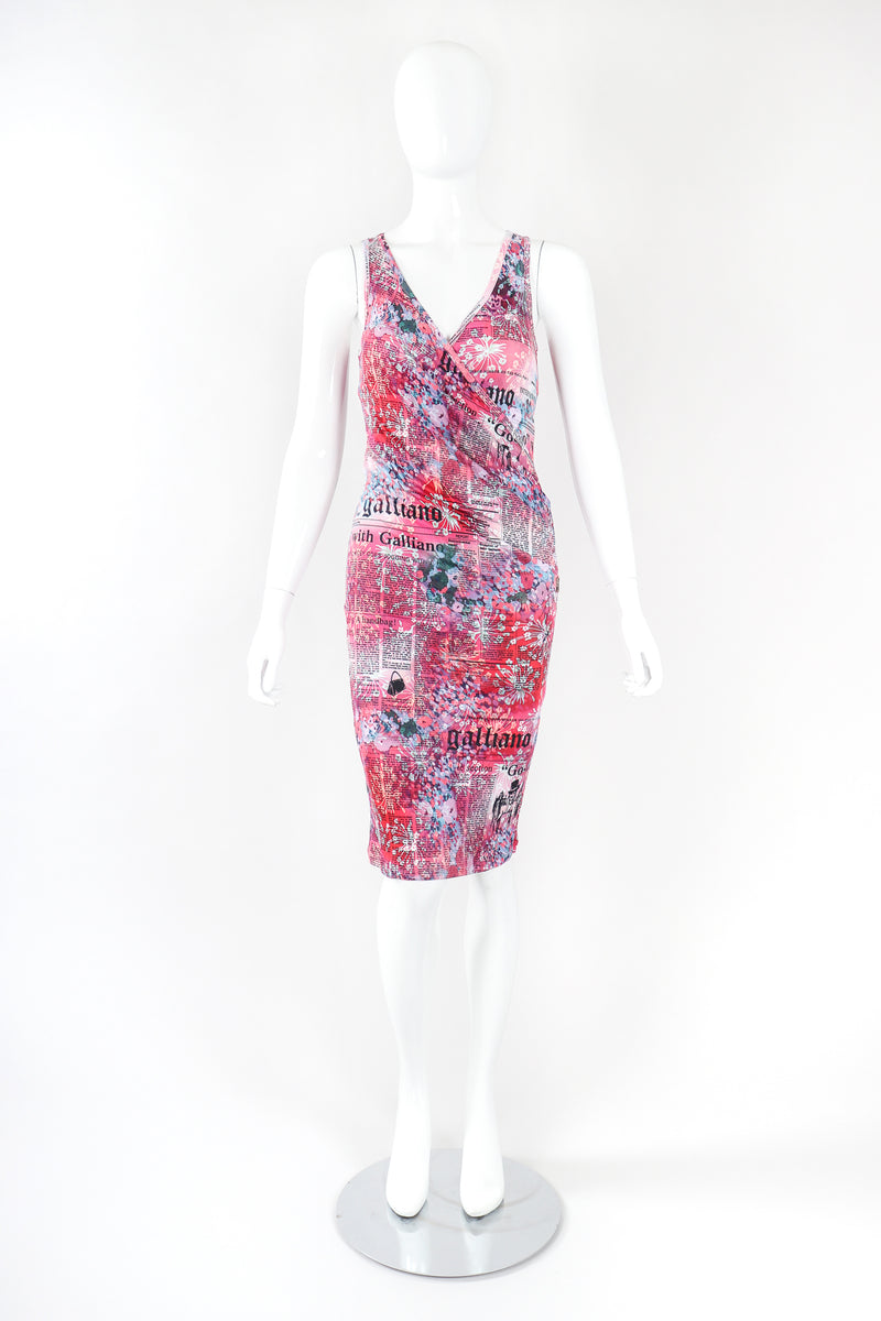 newspaper dress pink John Galliano Silk Gazette Newspaper News Face Cocktail Evening Pink Rose Vintage Small Medium 90s Midi Dress