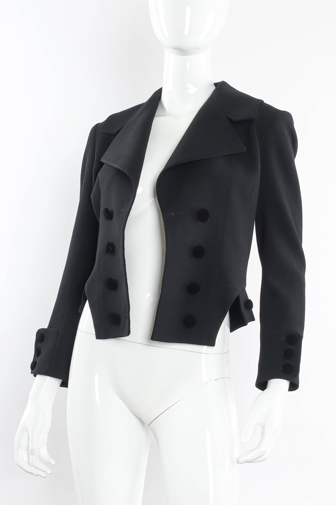 Vintage John Galliano Double Breasted Wool Tuxedo Crop Jacket mannequin un-buttoned@ Recess LA