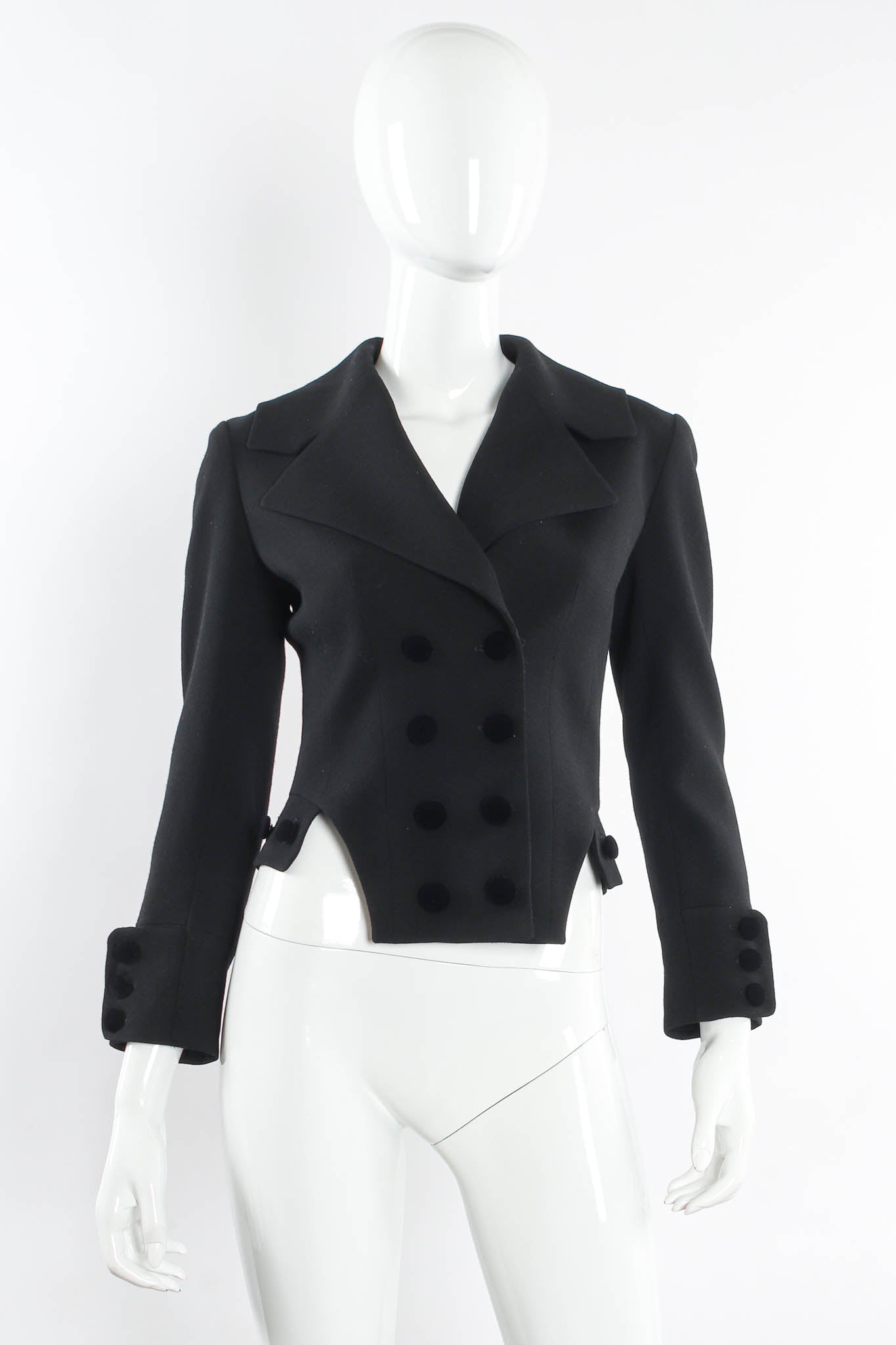 Vintage John Galliano Double Breasted Wool Tuxedo Crop Jacket mannequin front @ Recess LA
