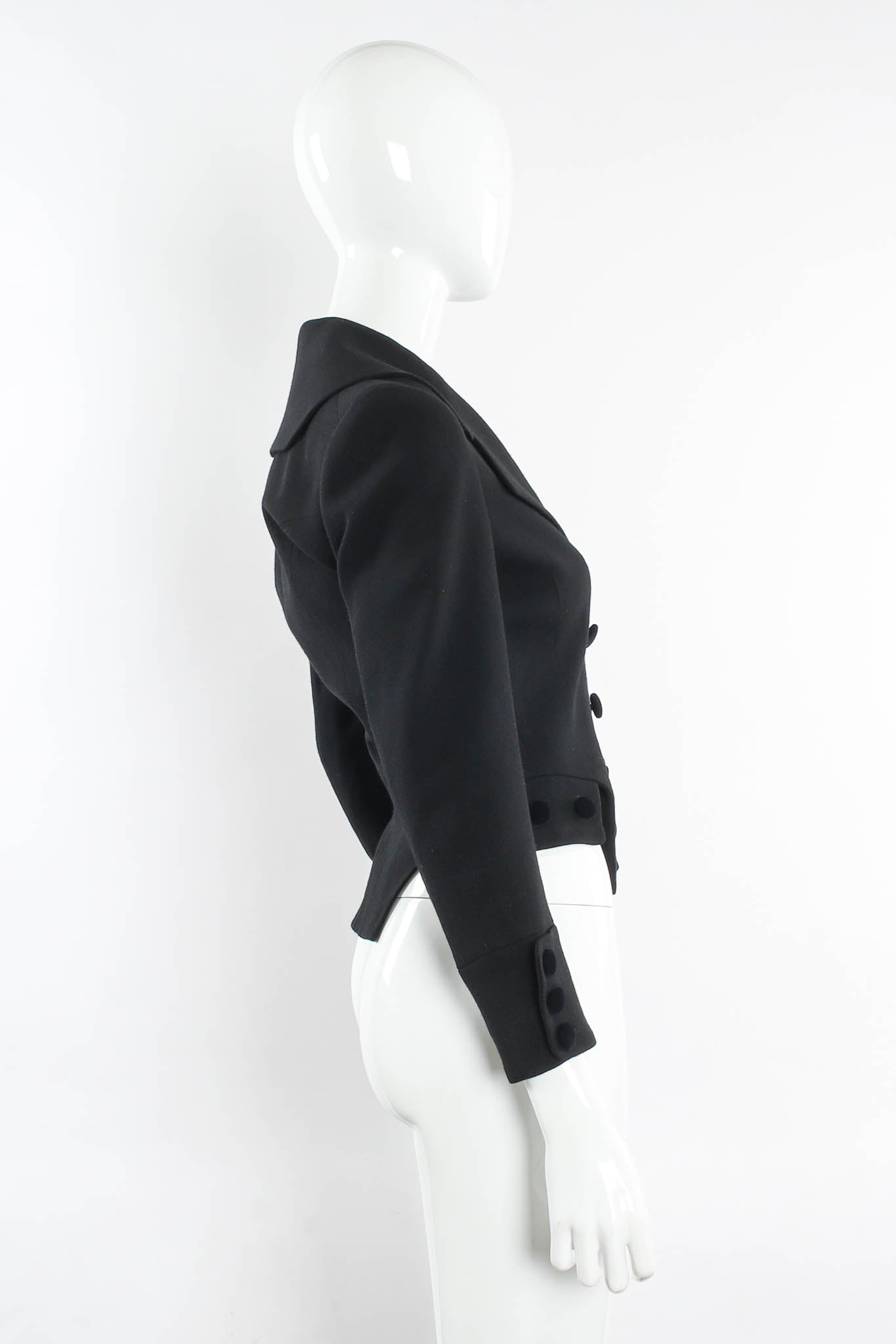 Vintage John Galliano Double Breasted Wool Tuxedo Crop Jacket mannequin side @ Recess LA