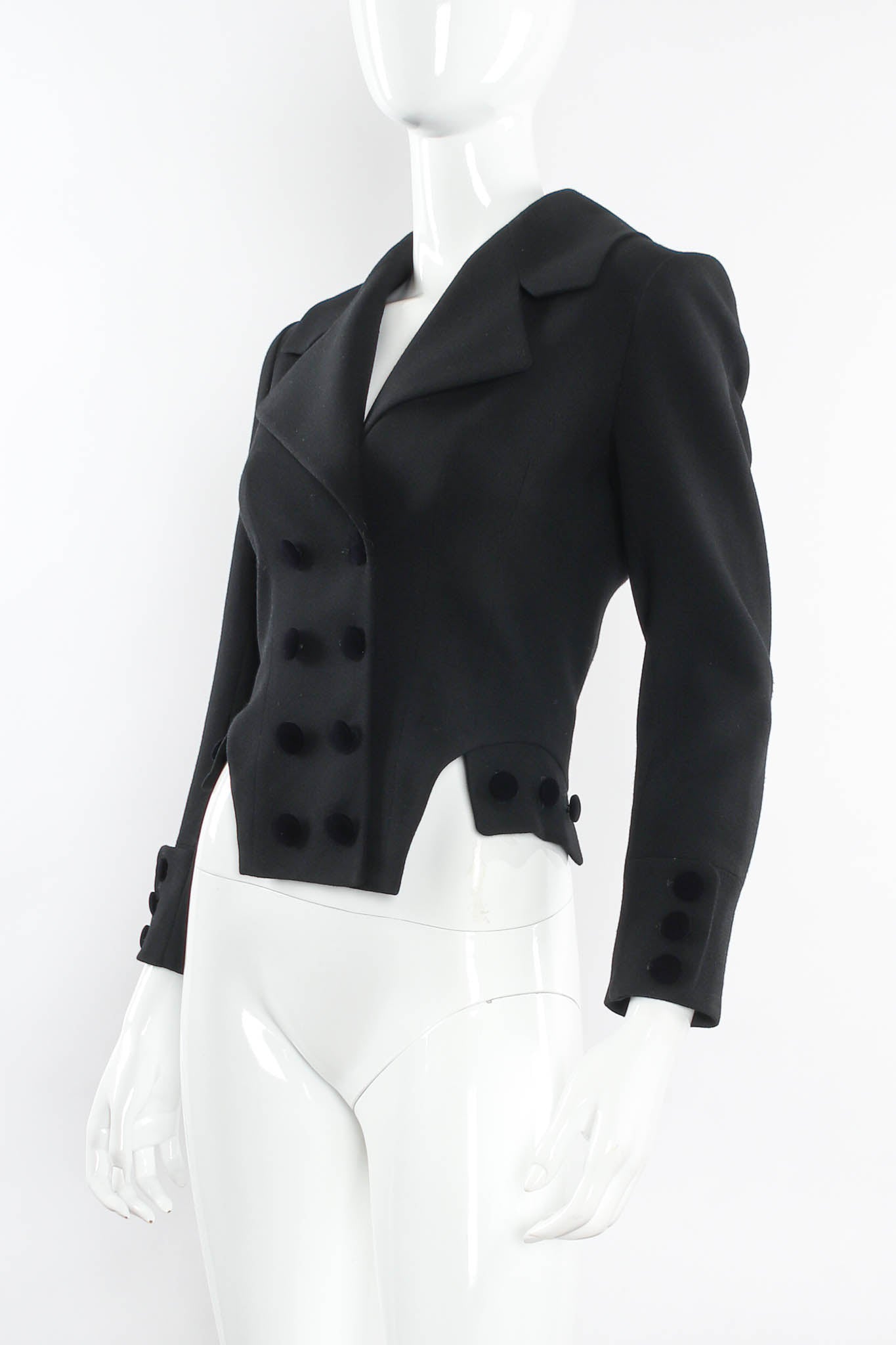 Vintage John Galliano Double Breasted Wool Tuxedo Crop Jacket mannequin angle @ Recess LA