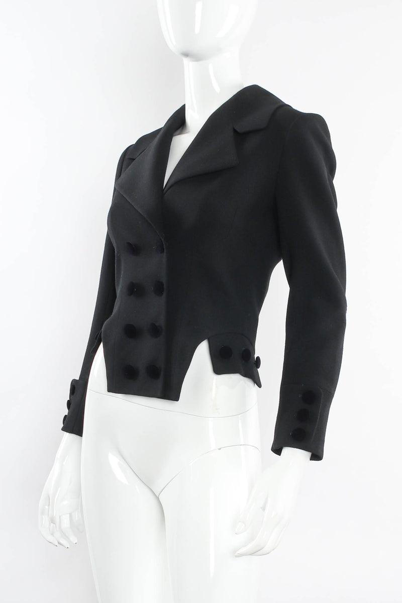 Vintage John Galliano Double Breasted Wool Tuxedo Crop Jacket mannequin angle @ Recess LA