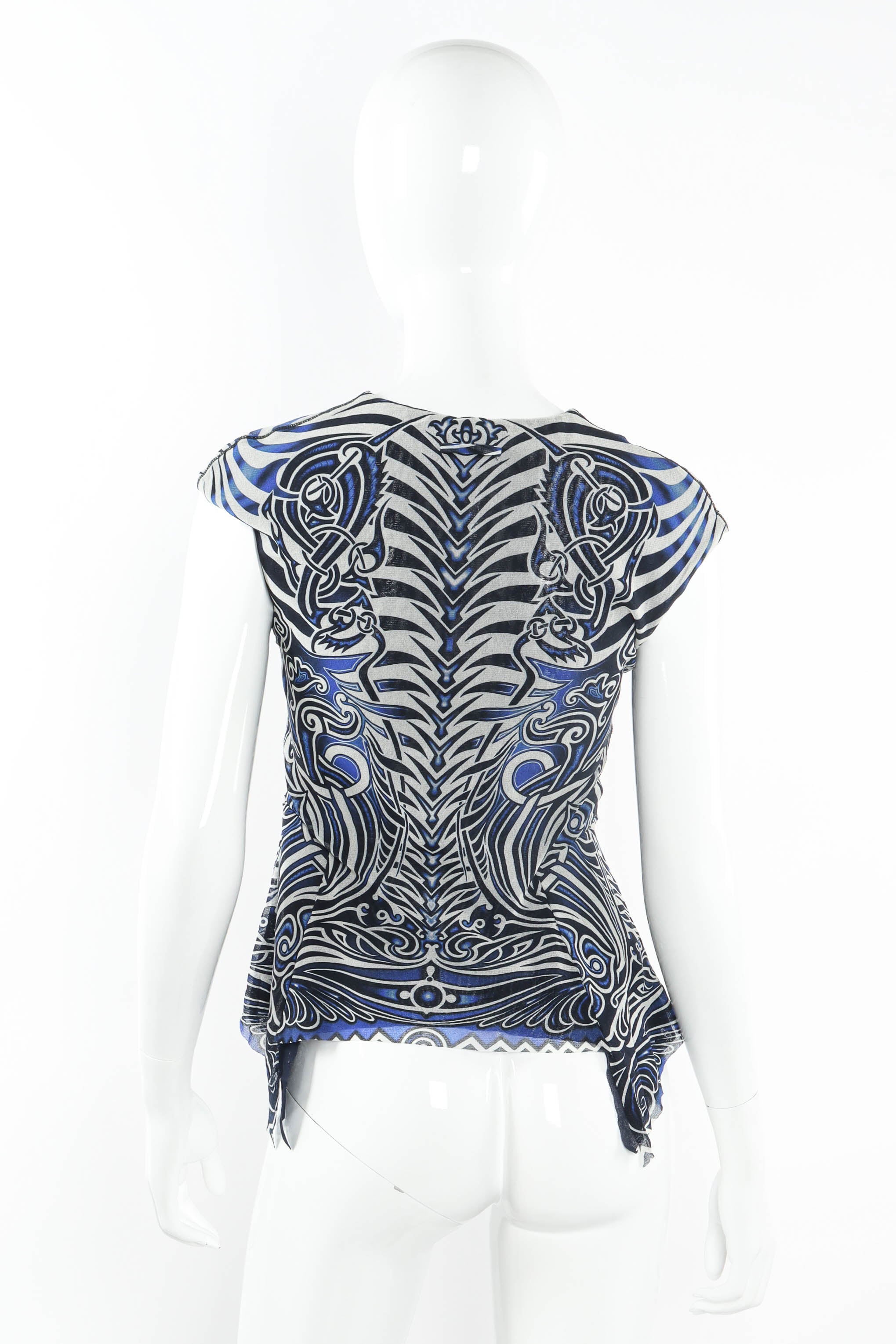 Vintage Jean Paul Gaultier Soleil Mesh Tribal Print Top on mannequin back  @ Recess LA