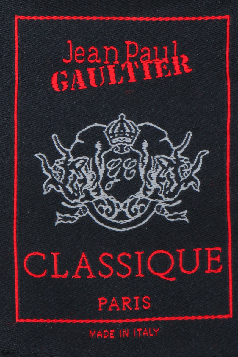 Vintage Jean Paul Gaultier Classique Grommet Strap Gown label on black