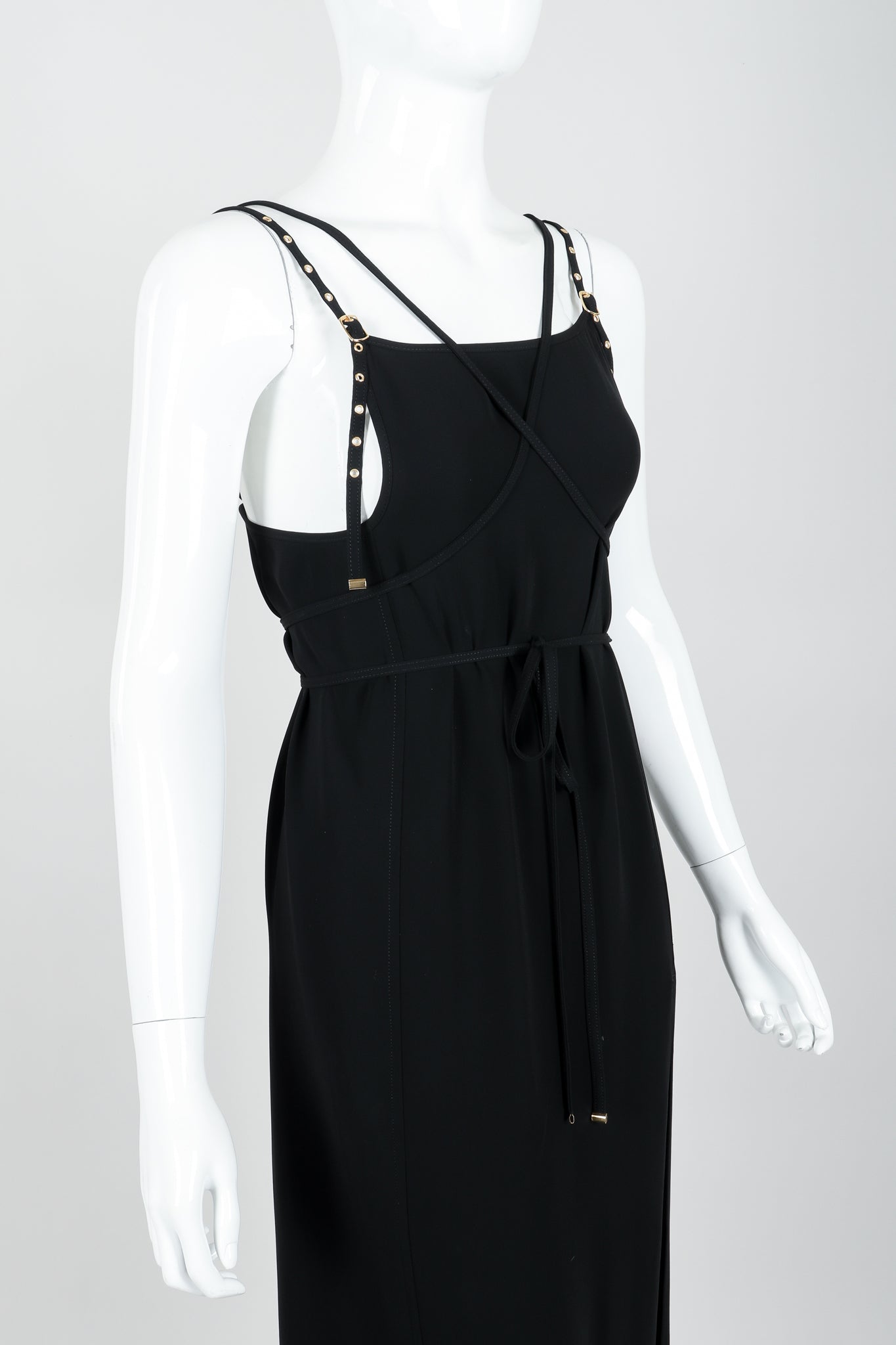 Vintage Jean Paul Gaultier Crepe Grommet Strap Gown w/ High Slit on Mannequin alt crop at Recess