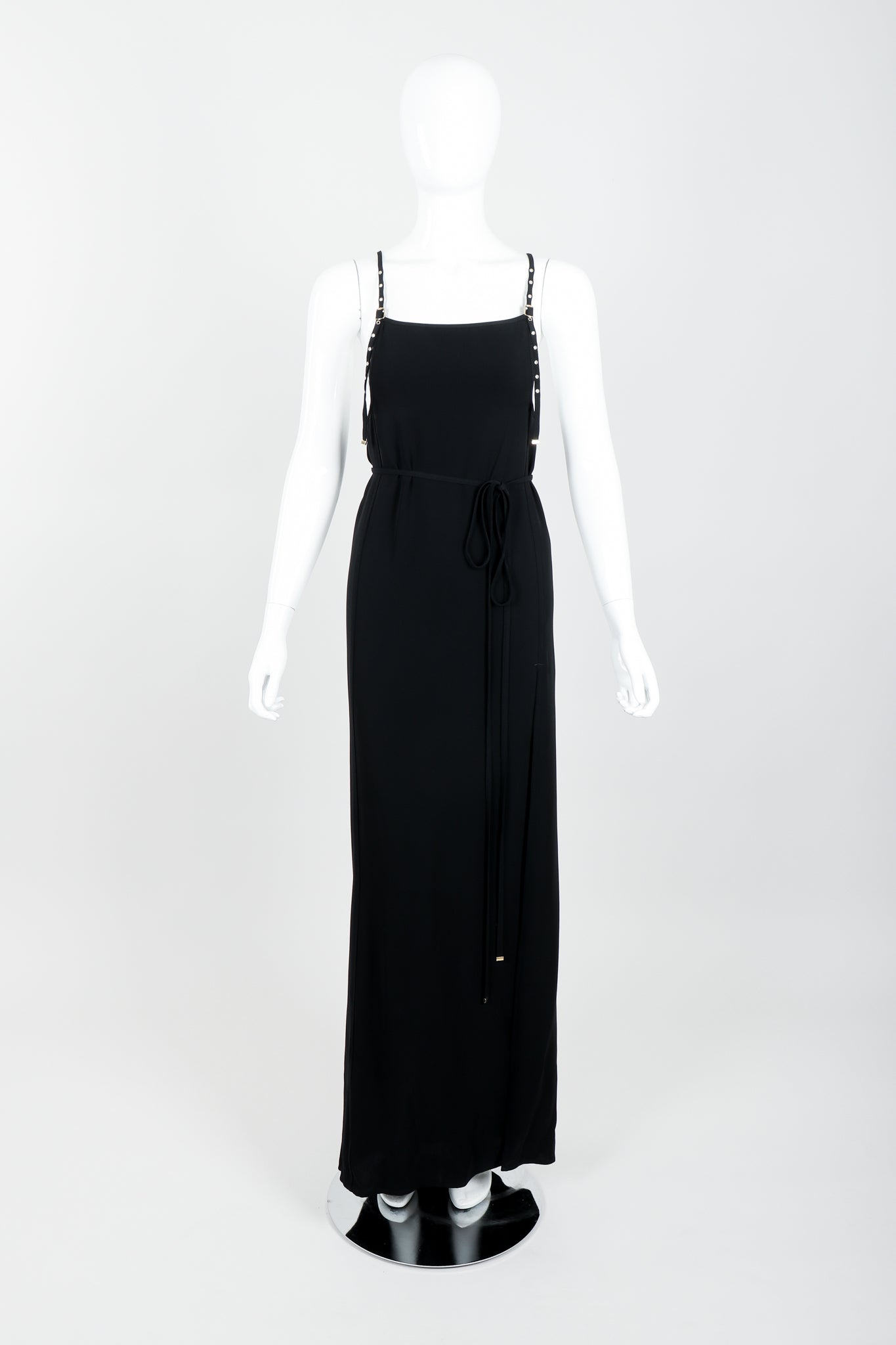Vintage Jean Paul Gaultier Crepe Grommet Strap Gown w/ High Slit on Mannequin front at Recess