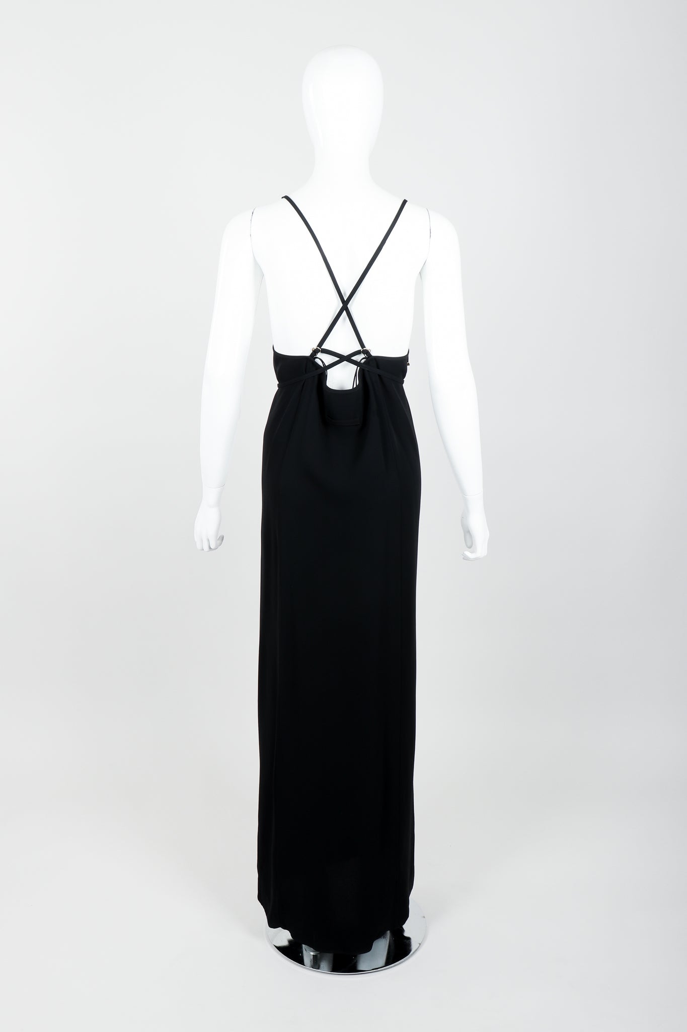 Vintage Jean Paul Gaultier Crepe Grommet Strap Gown w/ High Slit on Mannequin back at Recess