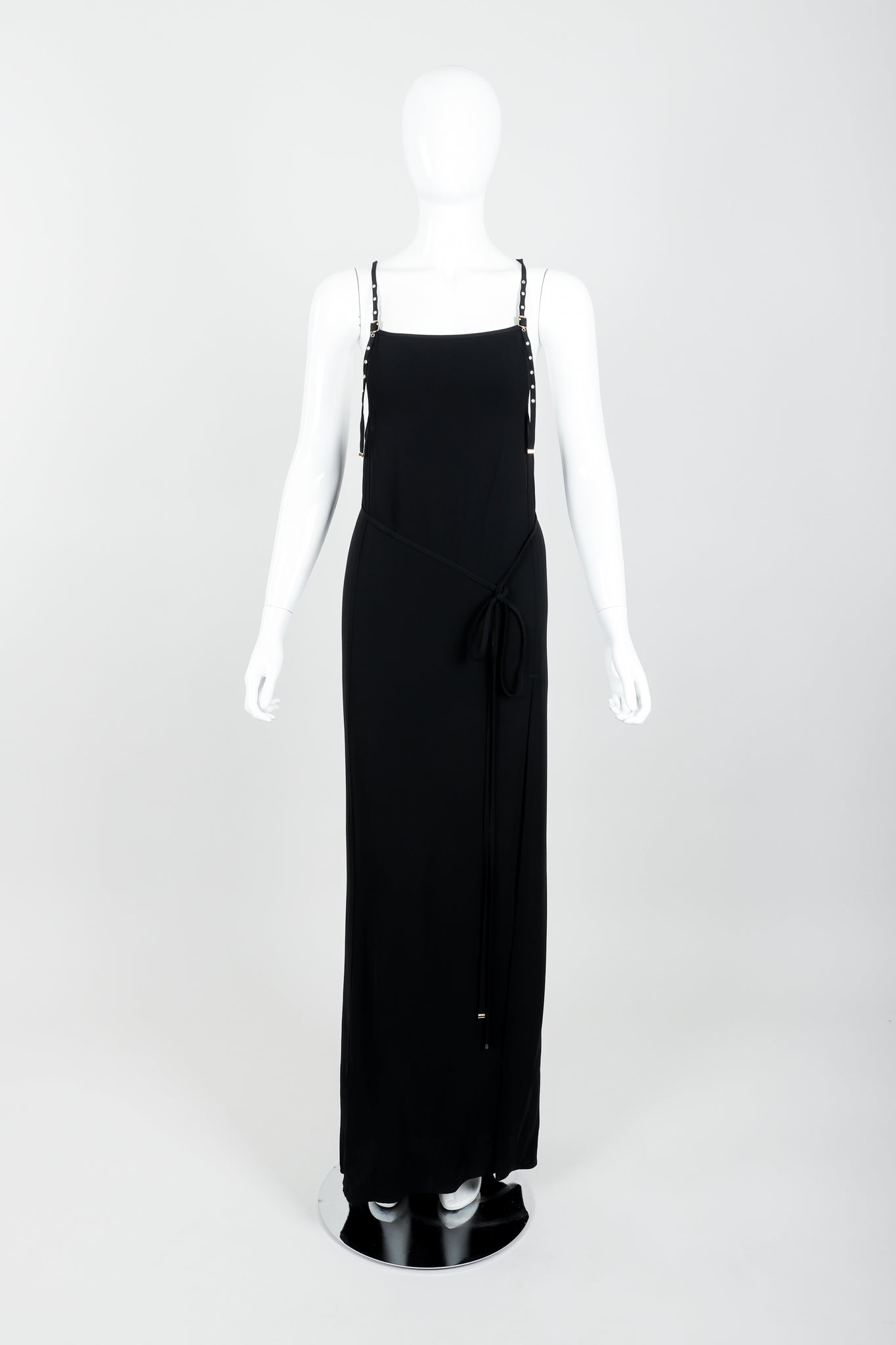 Vintage Jean Paul Gaultier Crepe Grommet Strap Gown w/ High Slit on Mannequin front untie at Recess