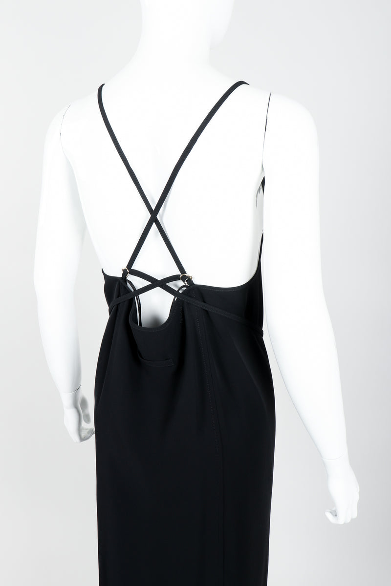 Vintage Jean Paul Gaultier Crepe Grommet Strap Gown w/ High Slit on Mannequin back crop at Recess