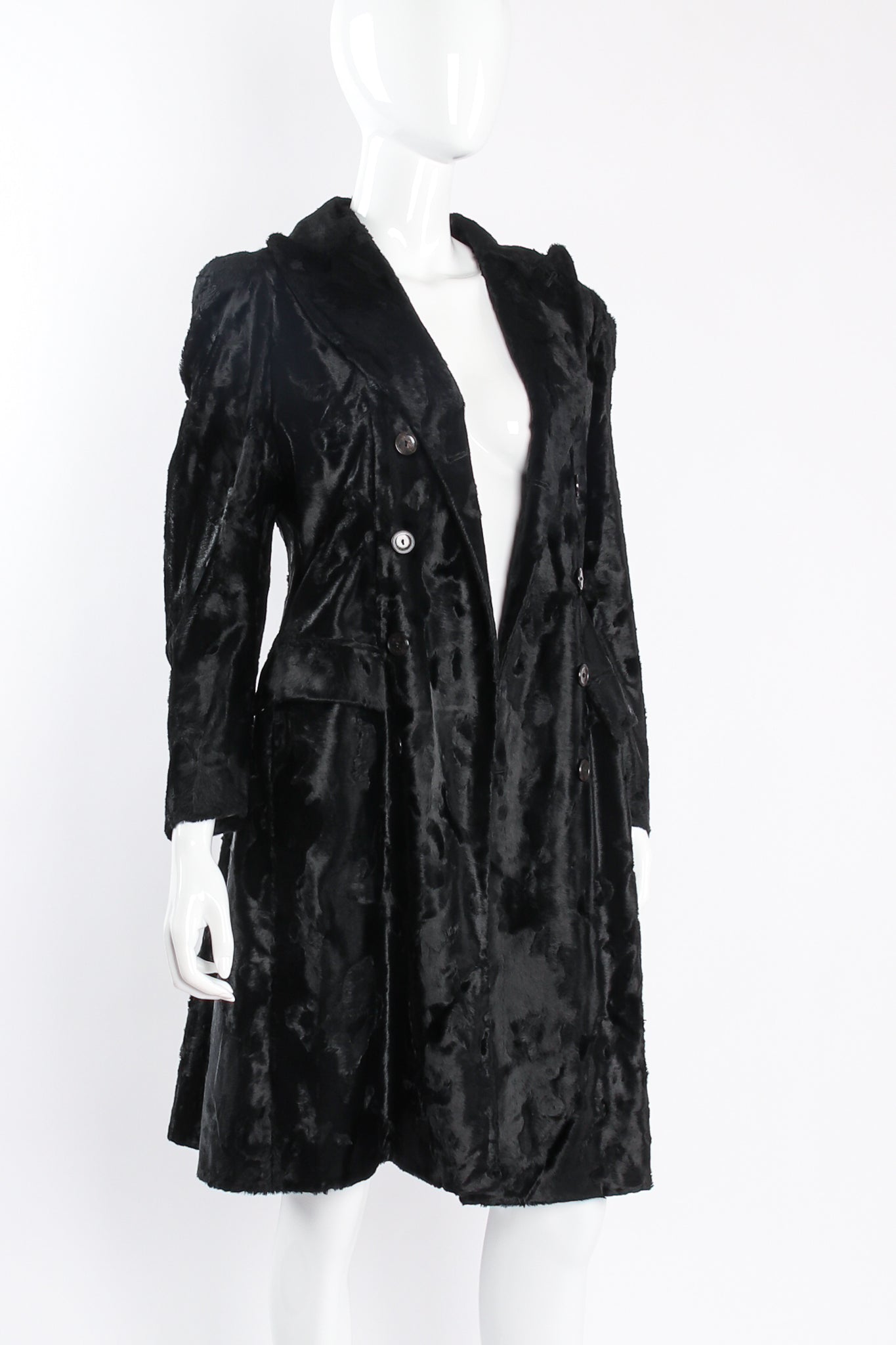 Vintage Jean Paul Gaultier Femme Faux Fur Panne Velvet Trench Coat on Mannequin open at Recess LA