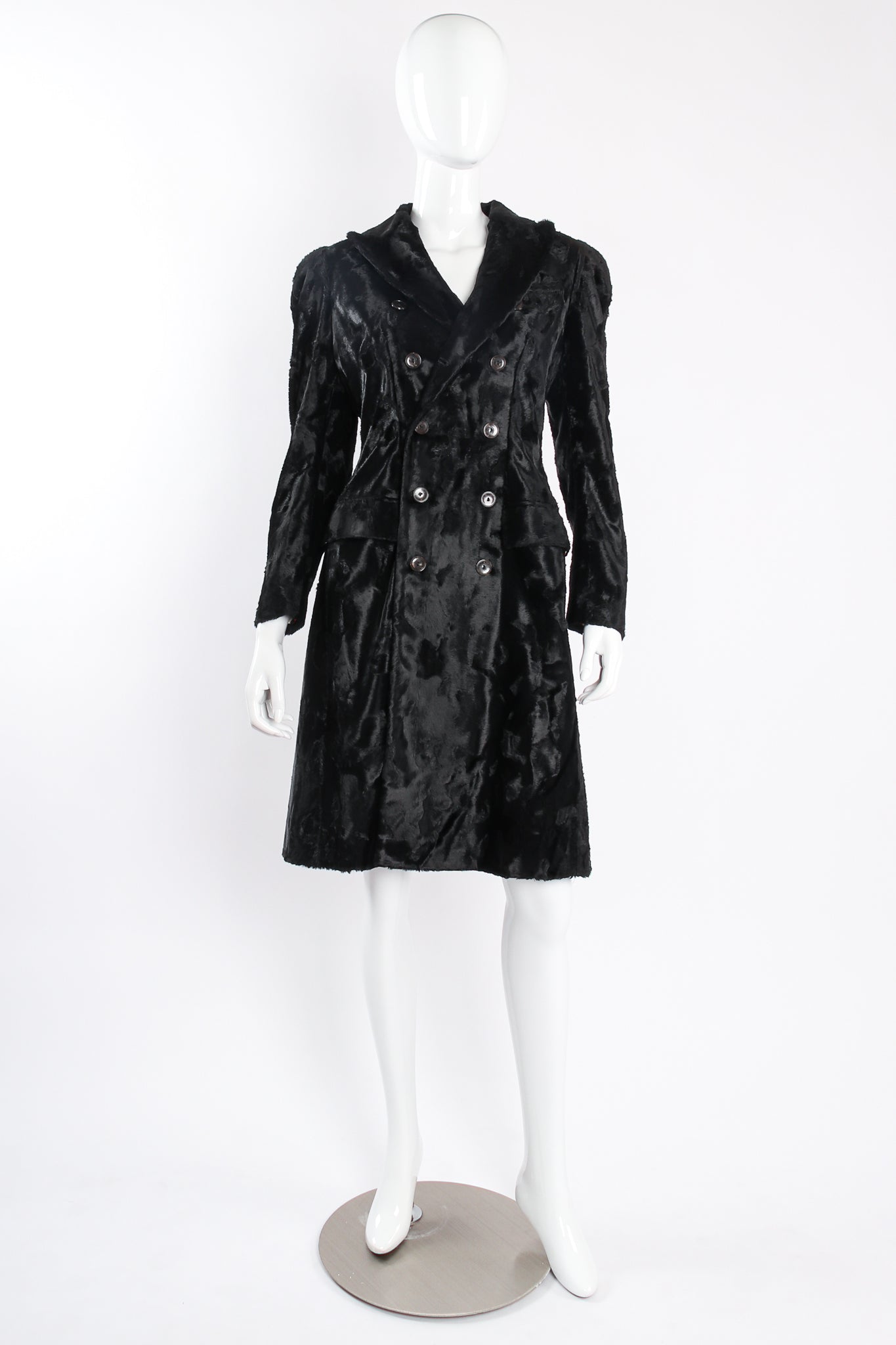 Vintage Jean Paul Gaultier Femme Faux Fur Panne Velvet Trench Coat on Mannequin front at Recess LA
