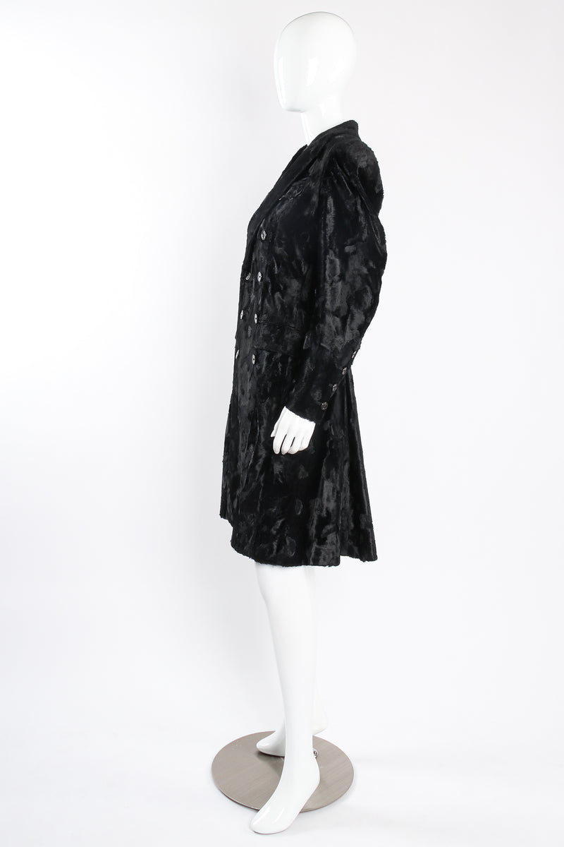 Vintage Jean Paul Gaultier Femme Faux Fur Panne Velvet Trench Coat on Mannequin side