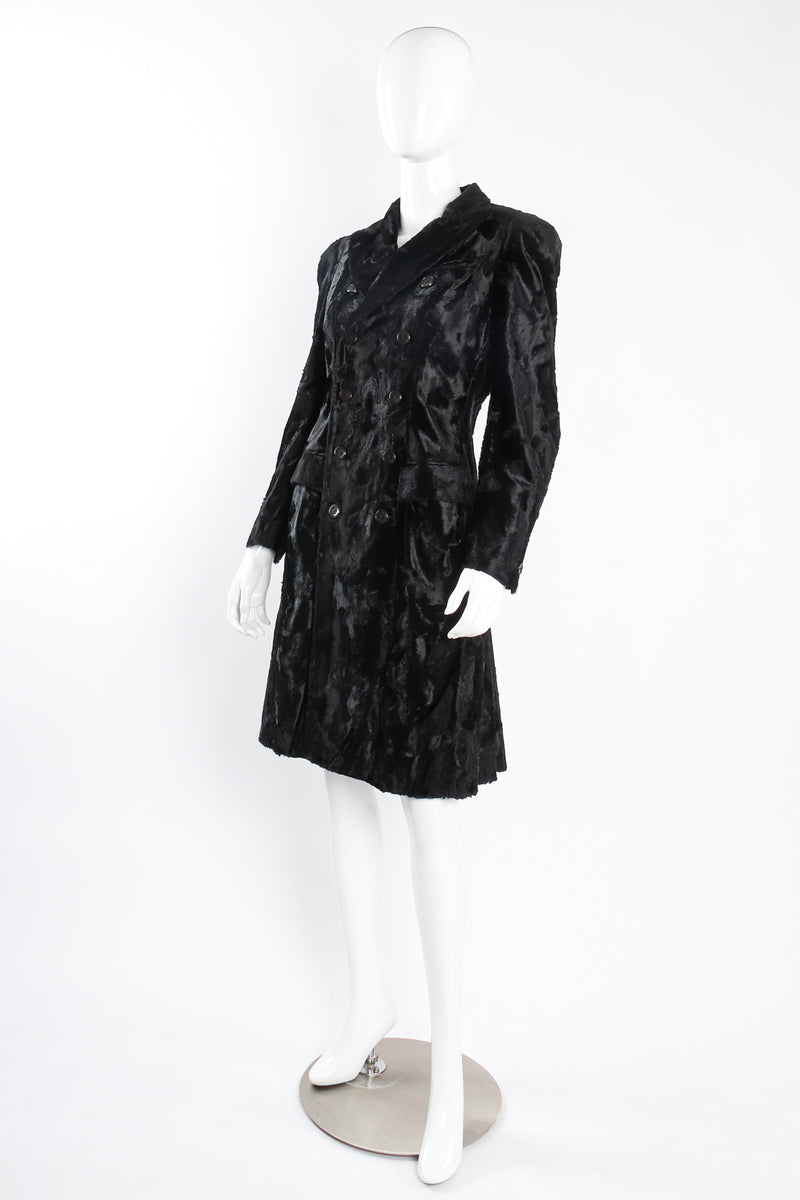 Vintage Jean Paul Gaultier Femme Faux Fur Panne Velvet Trench Coat on Mannequin angle at Recess LA