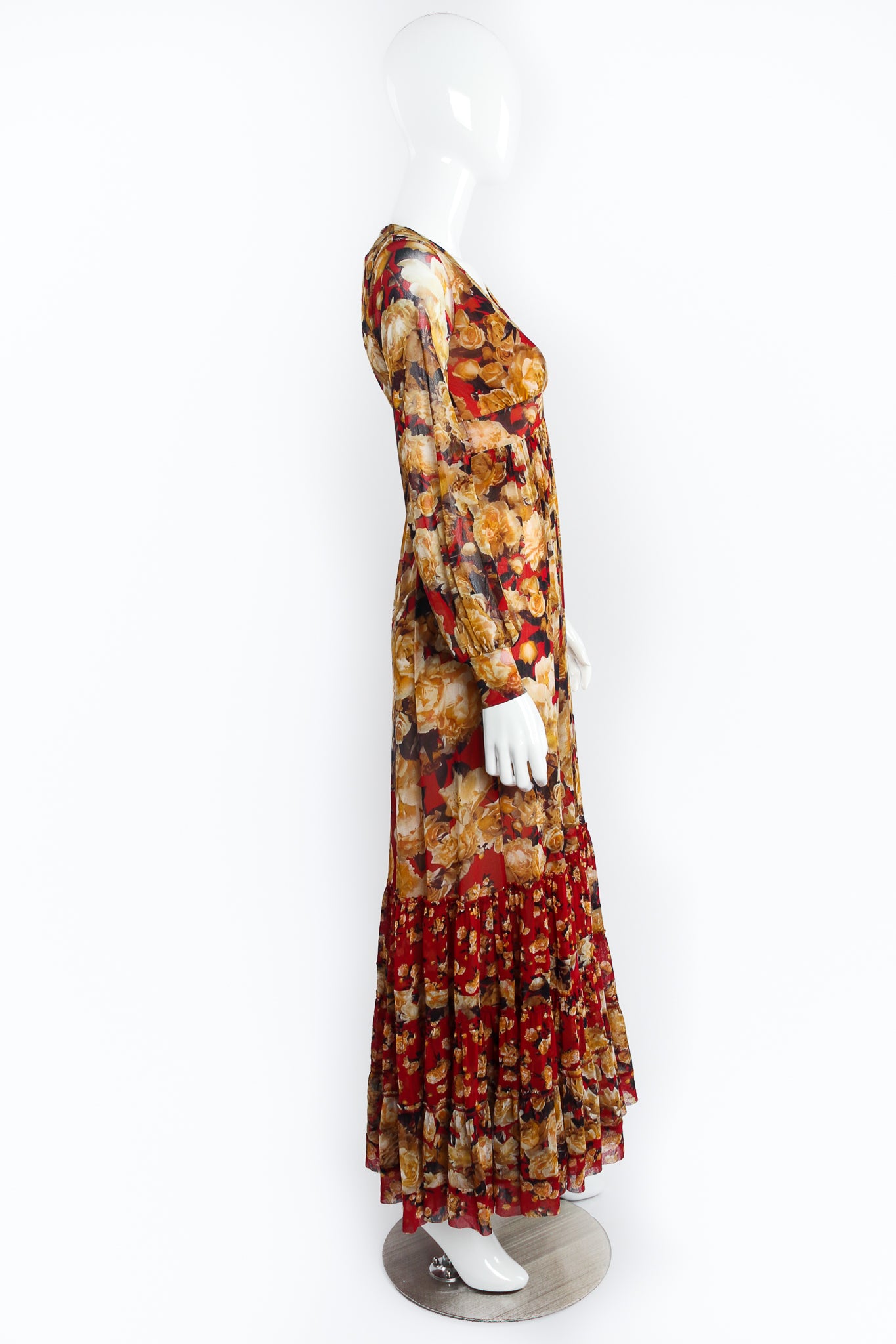 Jean Paul Gaultier Rose Print Peasant Mesh Maxi Dress on Mannequin Side at Recess LA