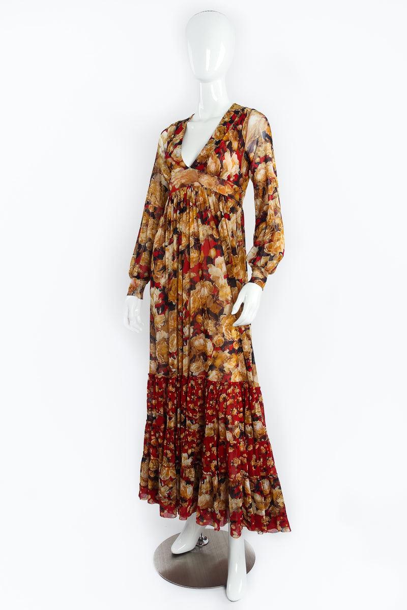 Jean Paul Gaultier Rose Print Peasant Mesh Maxi Dress on Mannequin Front Angle at Recess LA