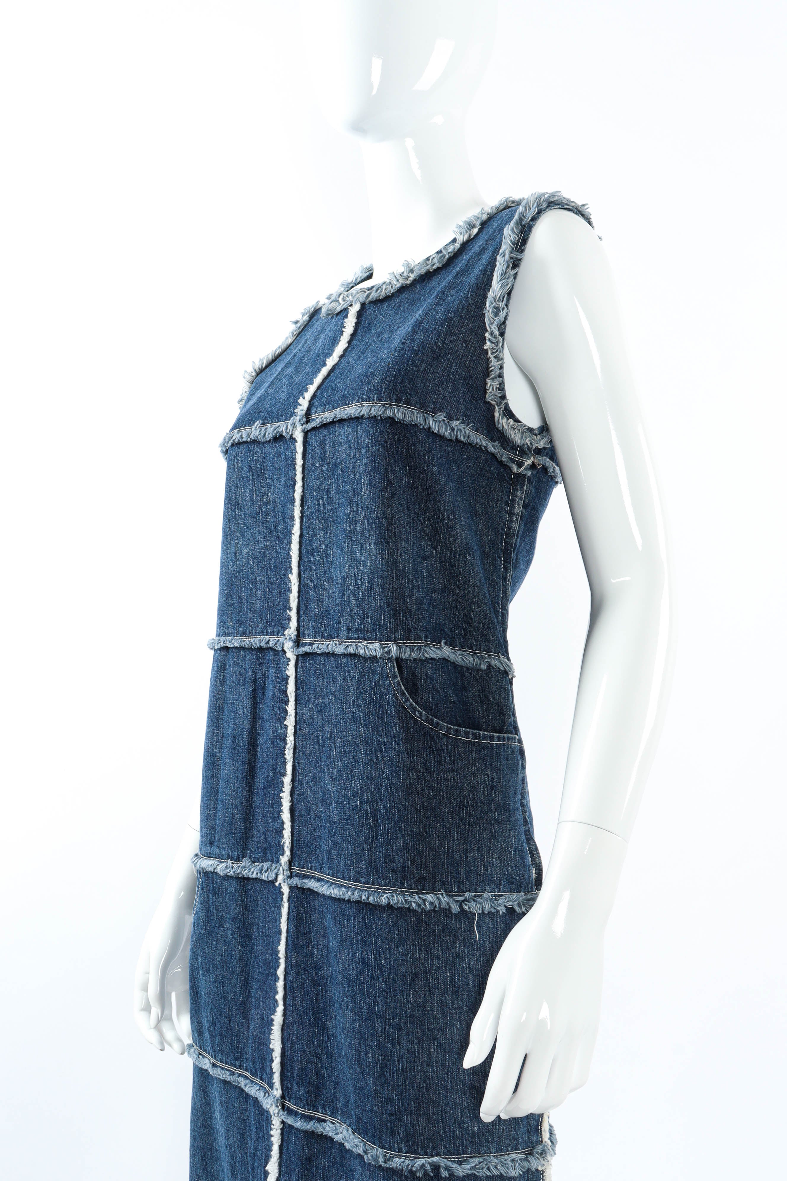 Vintage Jean Paul Gaultier Frayed Denim Patches Dress mannequin L angle  @ Recess LA