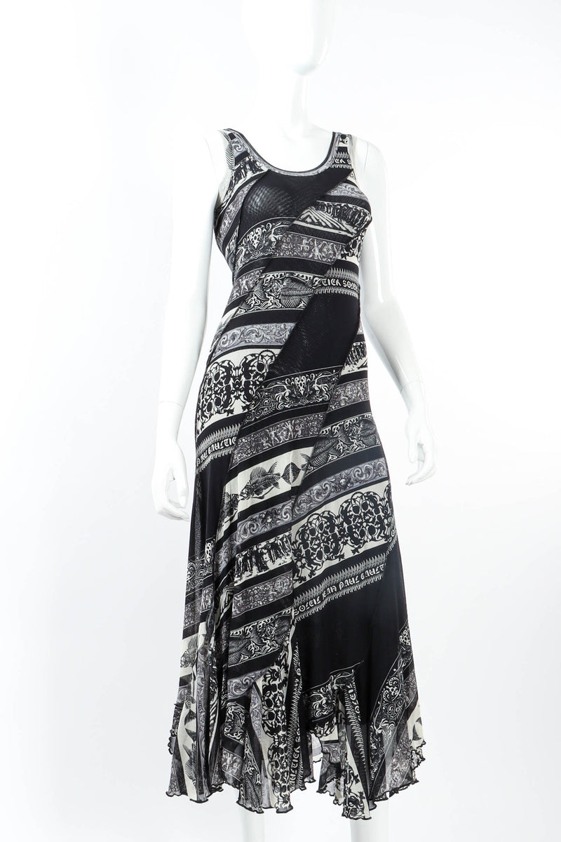 Vintage Jean Paul Gaultier Soleil Mesh Stripe Patchwork Dress on mannequin angle  @ Recess LA