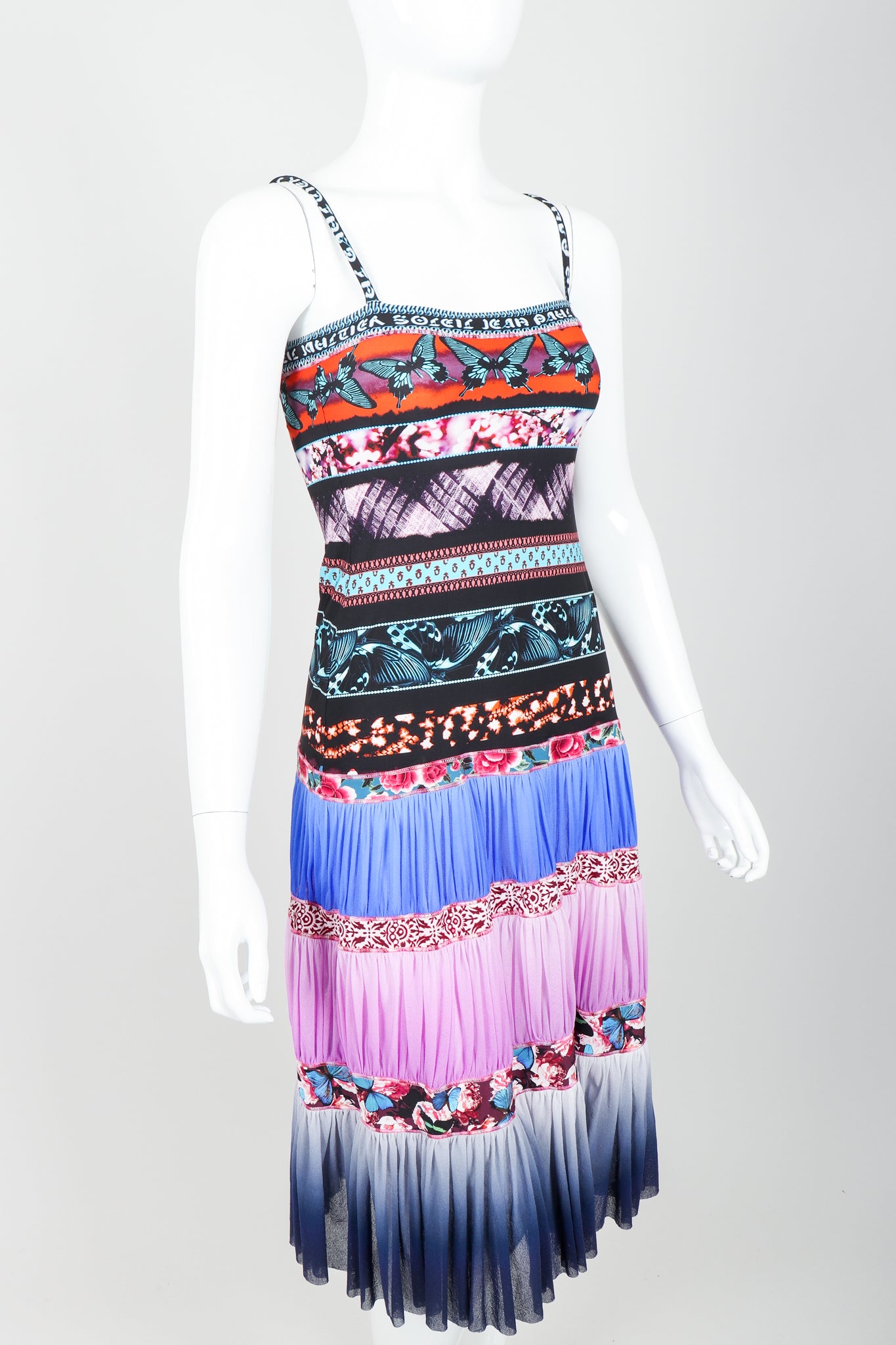 Vintage Jean Paul Gaultier Soleil Tiered Mesh Butterfly Dress on Mannequin angle crop at Recess