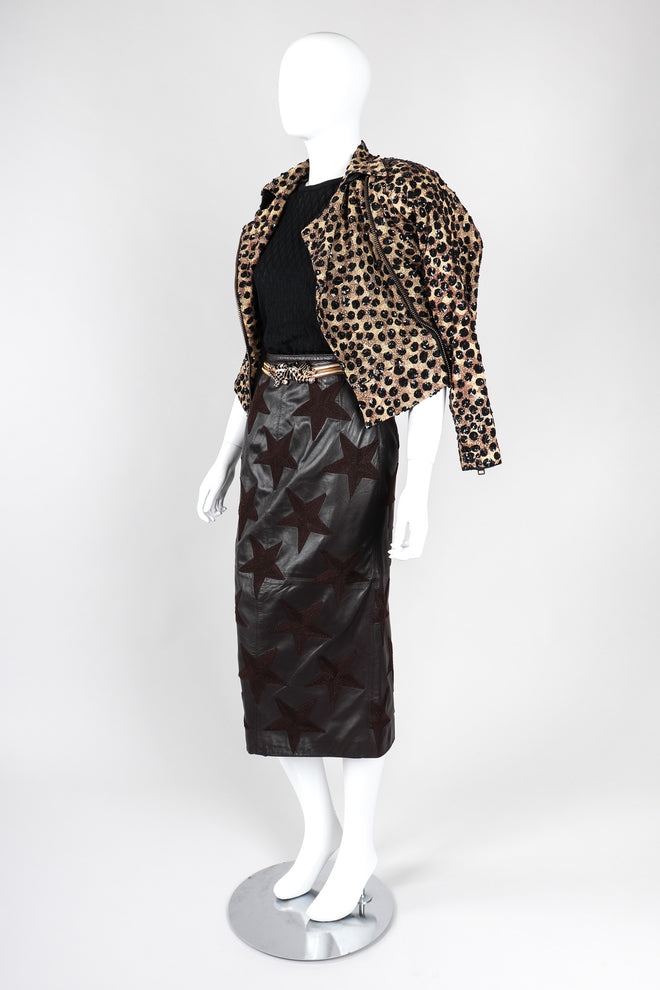 Recess Los Angeles Vintage Valentino Leather Embroidered Star Midi Pencil Skirt